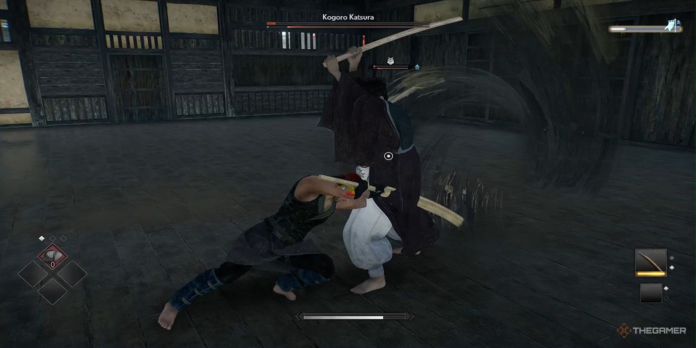 The protagonist lunges into a drunken Kogoro during a session at the training dojo in Rise Of The Ronin.