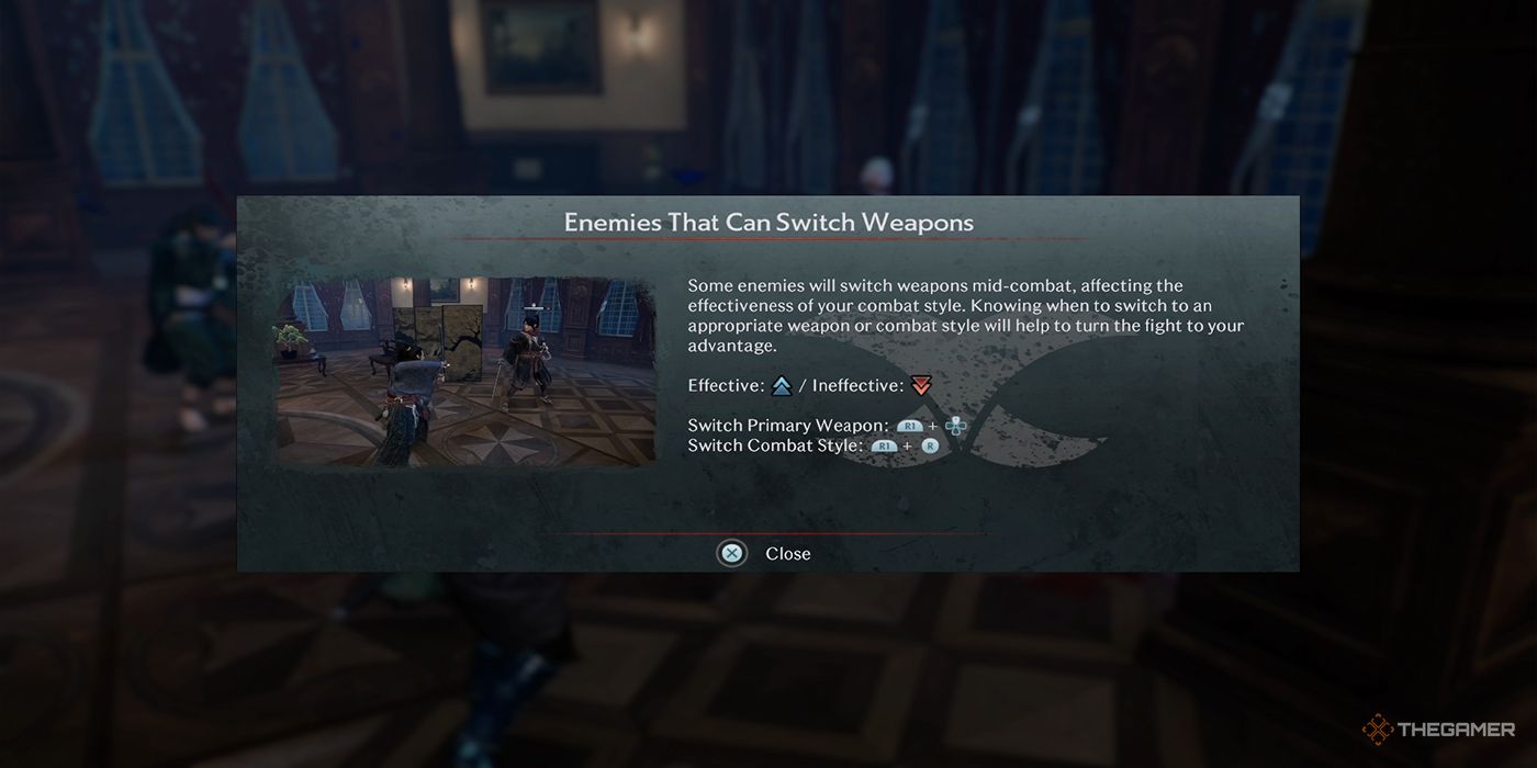 A tutorial card explains how to handle enemies with multiple weapons during the boss fight against the Blade Twin in Rise Of The Ronin.