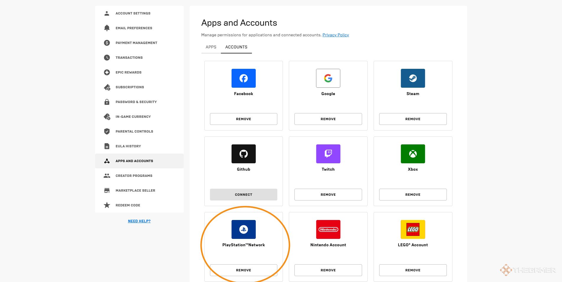 A screenshot from the Epic Games website, showing the users' Apps and Accounts page, with an orange circle highlighting the PlayStation Network logo at the bottom of the screen.