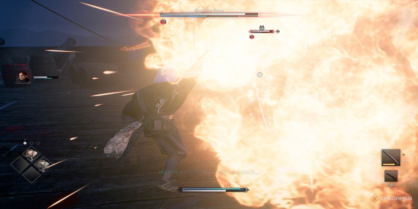 The Veiled Edge causes a fiery explosion with a grapple hook attack aboard the Black Ship in Rise Of The Ronin.