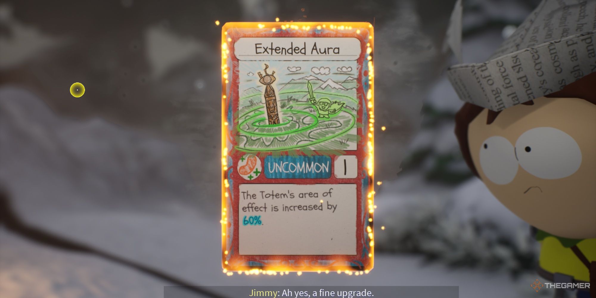 Close-up of Jimmy presenting players with the Extended Aura Upgrade Card.