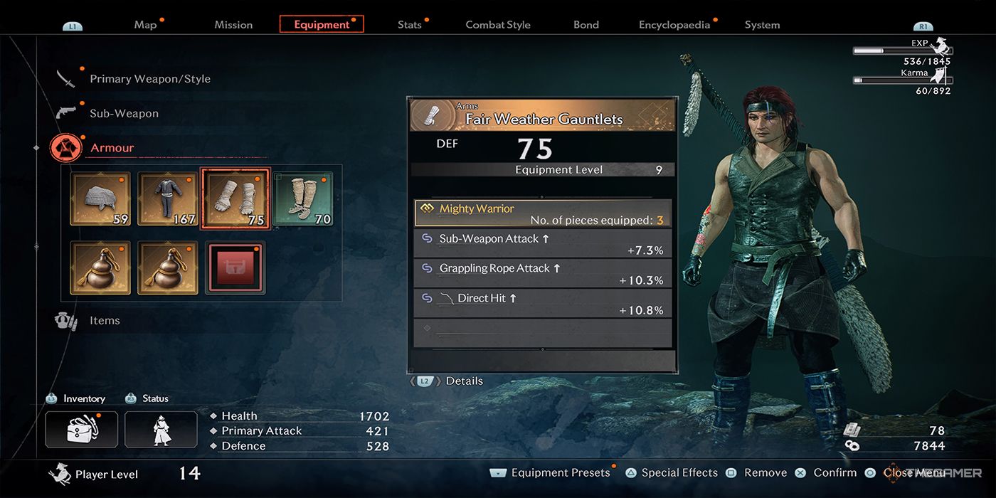 A detailed view of the Fair Weather Gauntlets and their special effects via Rise Of The Ronin's Equipment menu.