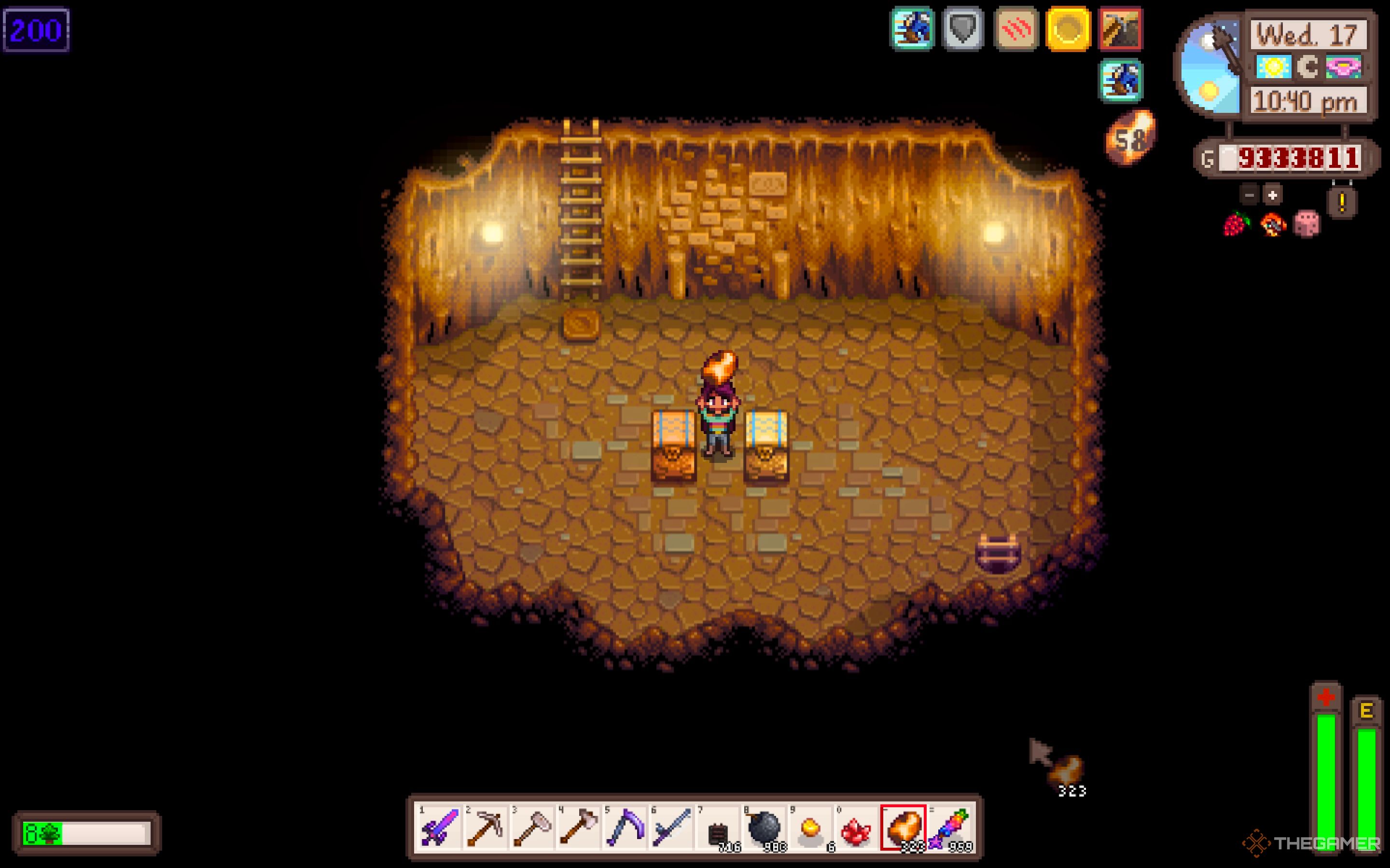 Farmer holding up Calico Eggs between two chests in the Skull Cavern