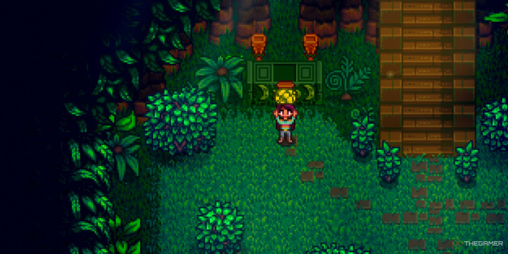Stardew Valley Farmer Holding Up Dried Bananas.
