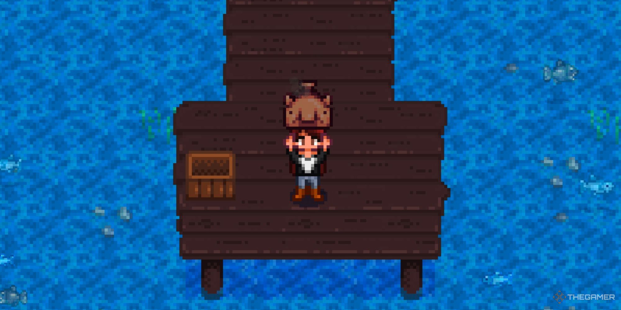 Farmer Holding Up Smoked Blobfish in Stardew Valley