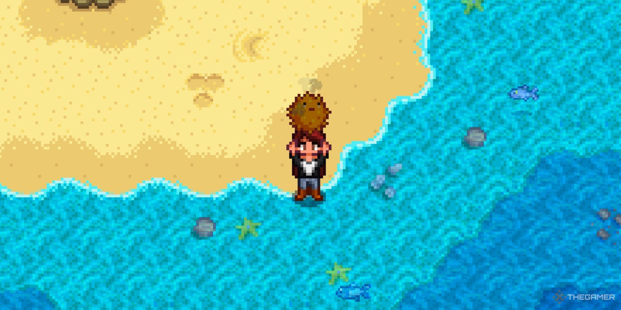 Farmer Holding Up Smoked Pufferfish in Stardew Valley