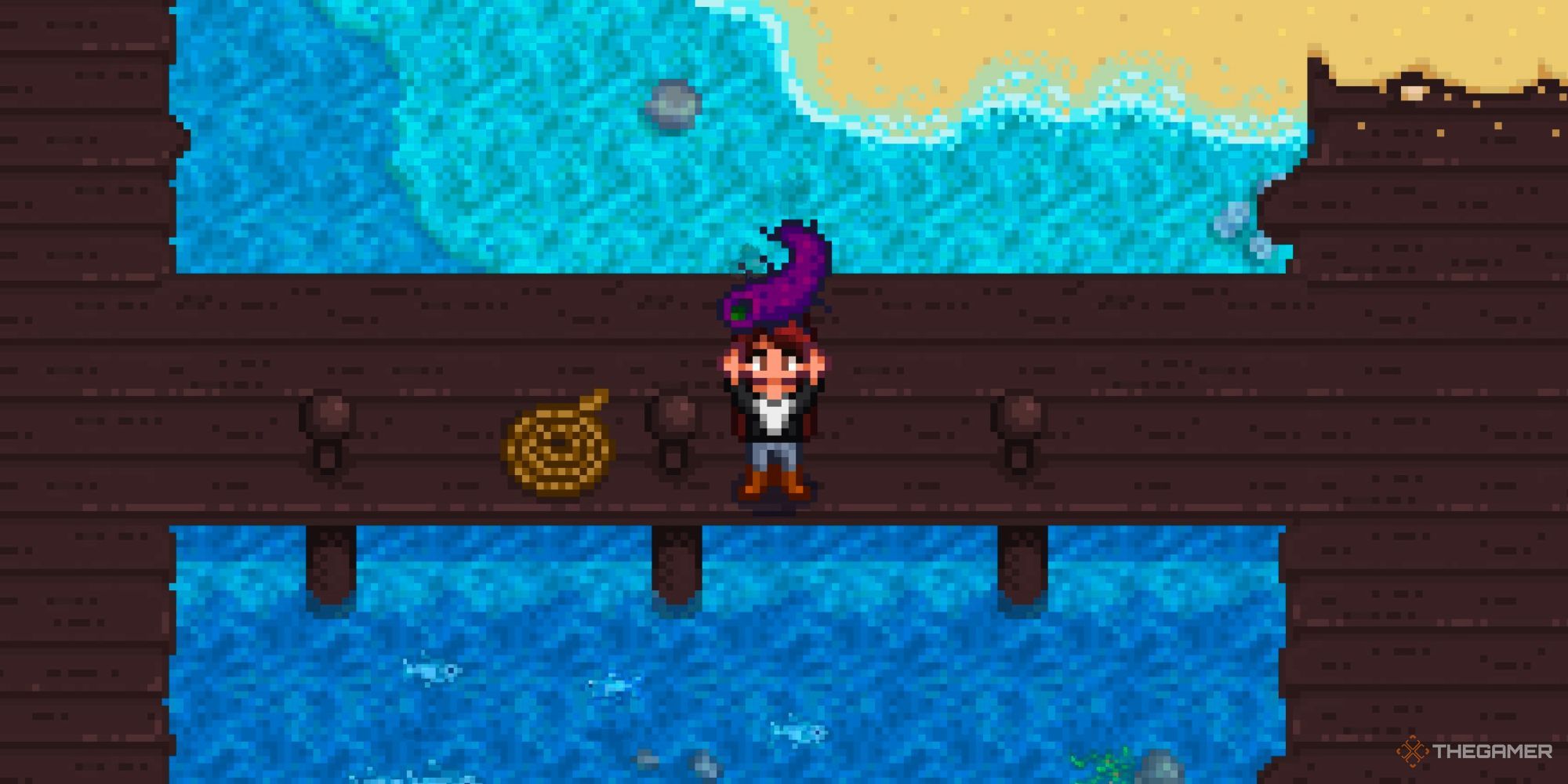 Farmer Holding Up Smoked Super Cucumber in Stardew Valley