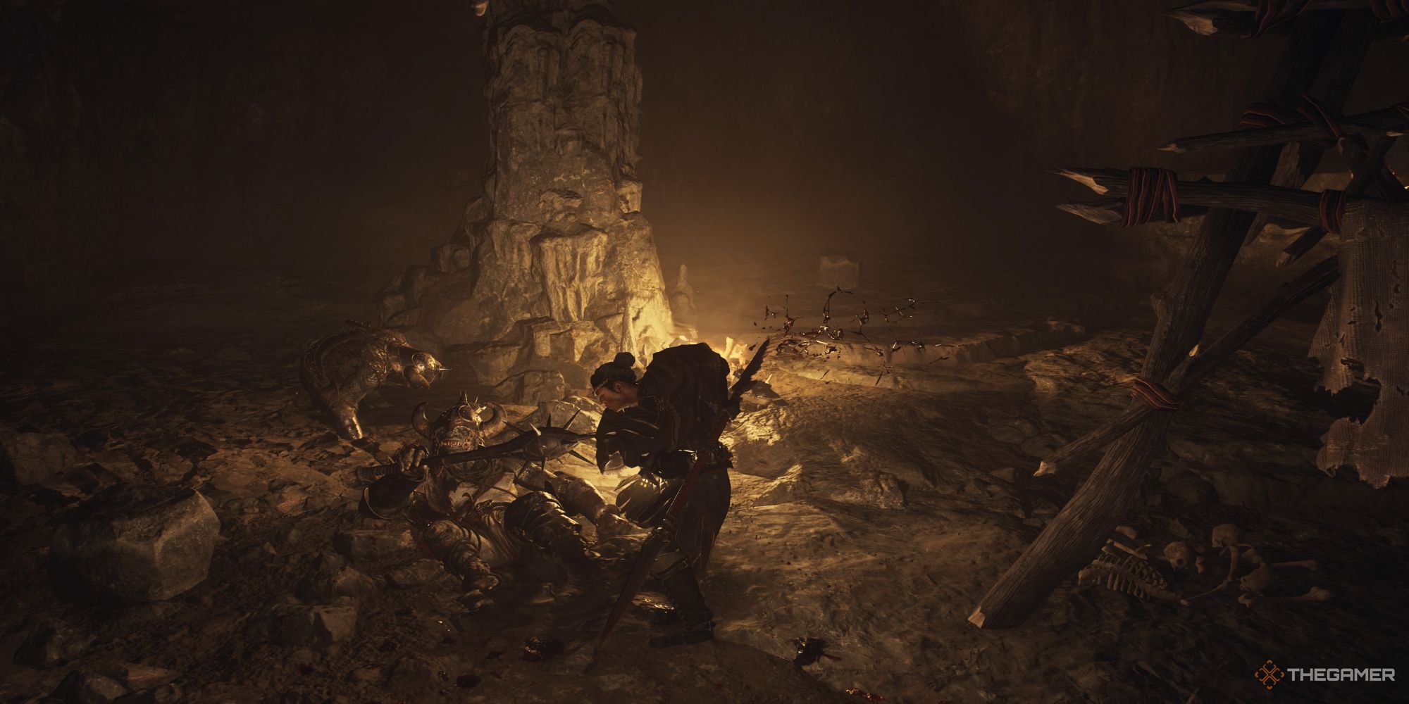 Player Arisen as a Mystic Spearhand attacking and knocking down a Goblin Leader in Trevo Mine in Dragon's Dogma 2.