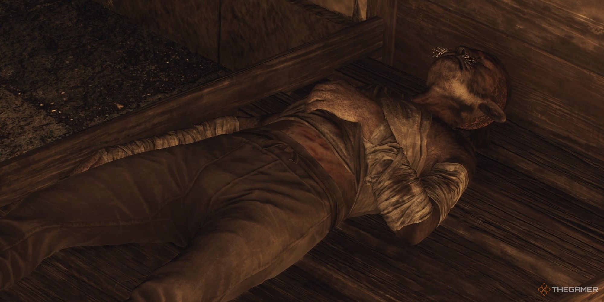 Close up view of Lubomir laying in a wooden bed and resting while sick in Dragon's Dogma 2.