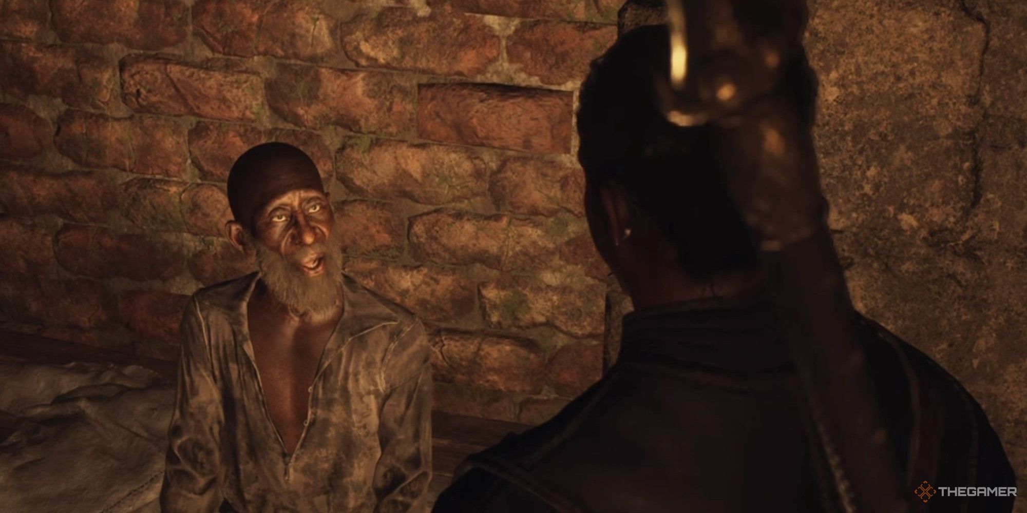 Player Arisen speaking to Waldhar inside his cell in the Vernworth gaols in Dragon's Dogma 2.