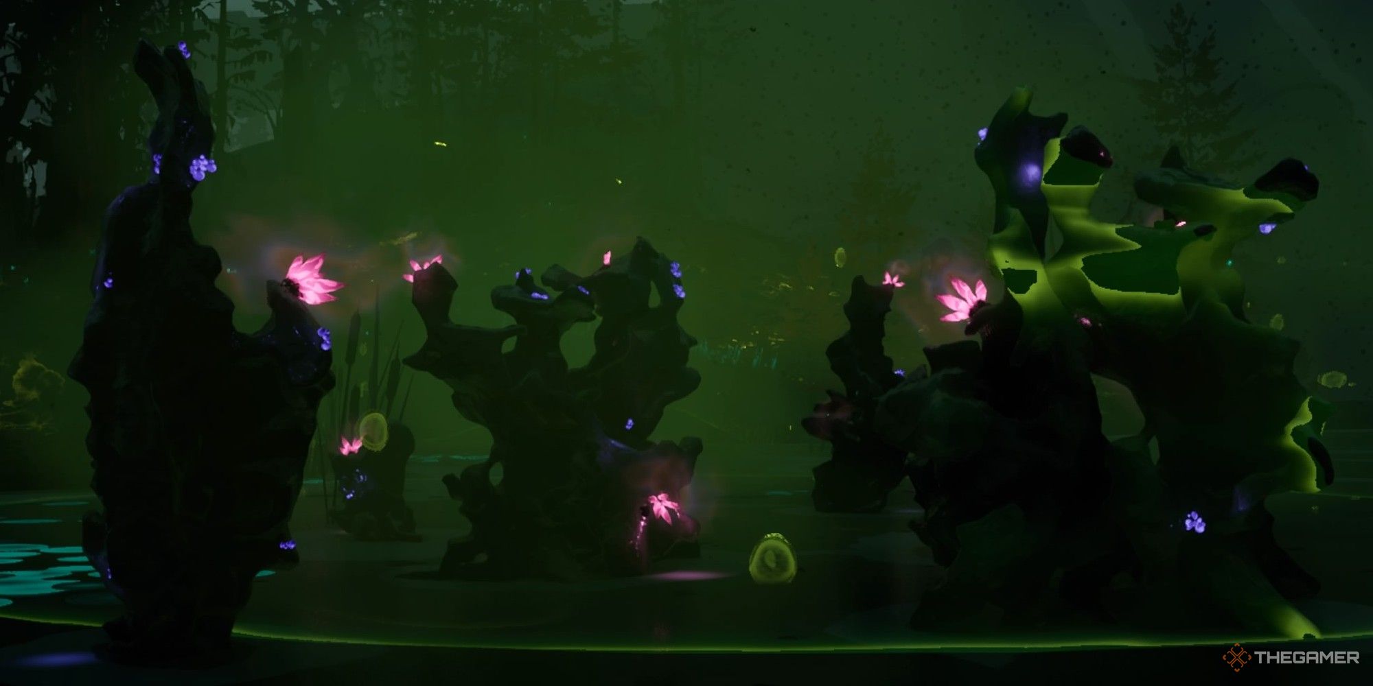 Several spires of Neon Reef with Swamp Coral growing out of them while intersecting with a Cough Box in The Mires in Pacific Drive.