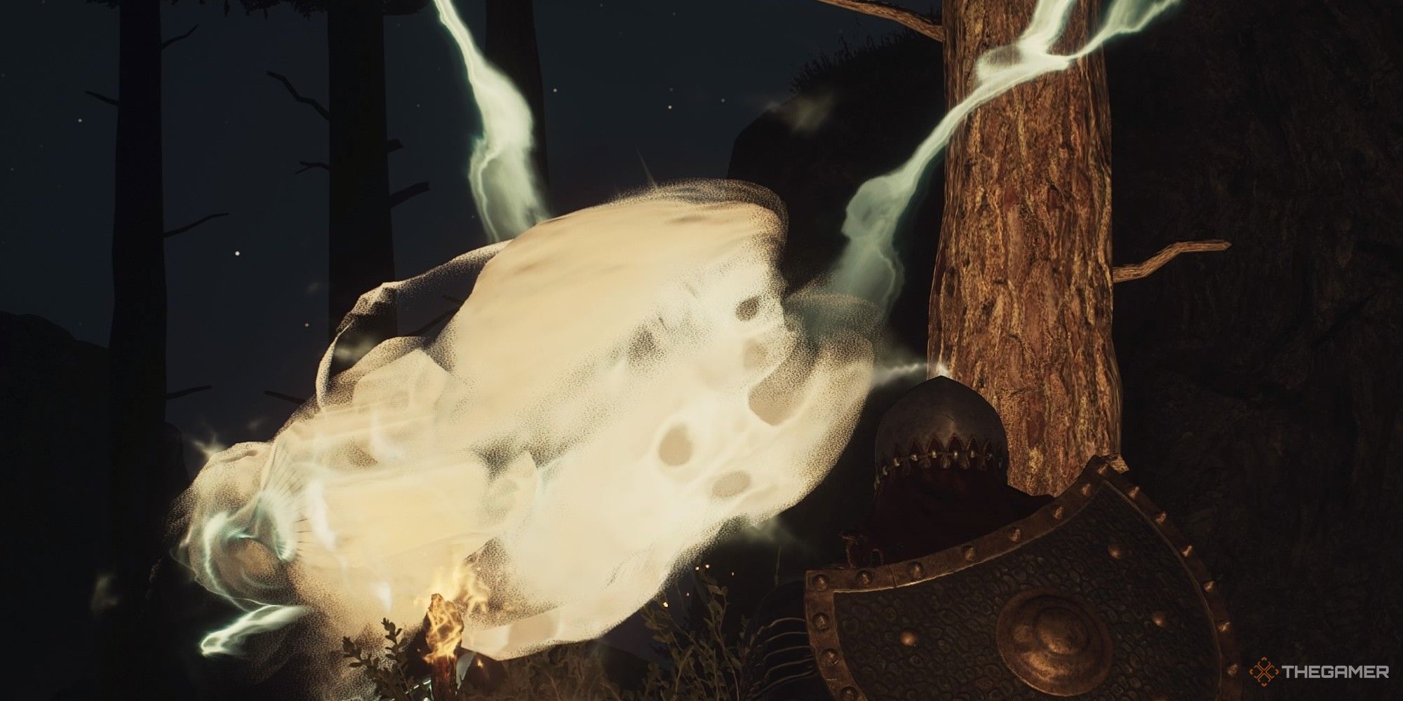 A giant ghostly Phantom stretching out its limbs towards a player Arisen in a forest at night in Dragon's Dogma 2.
