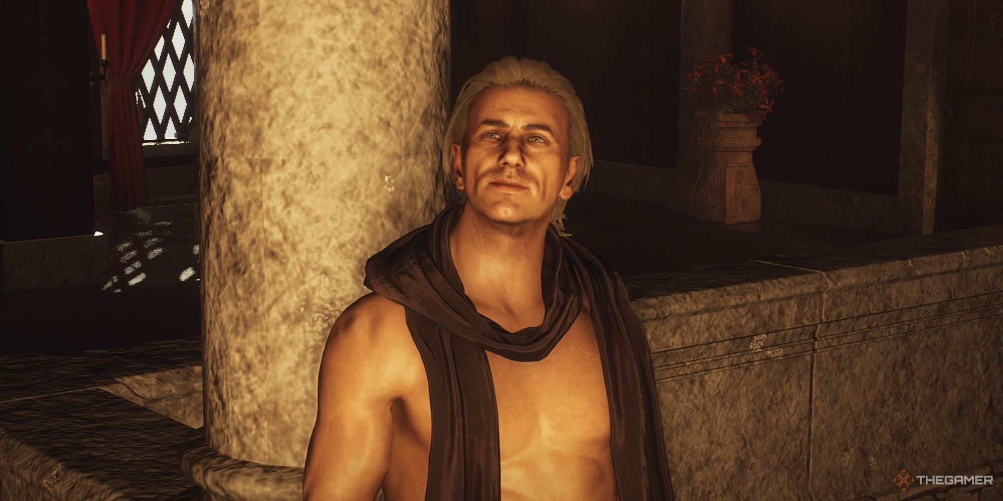 Close up shot of Braun leaning against a large pillar in the Rose Chateau Bordelrie in Dragon's Dogma 2.