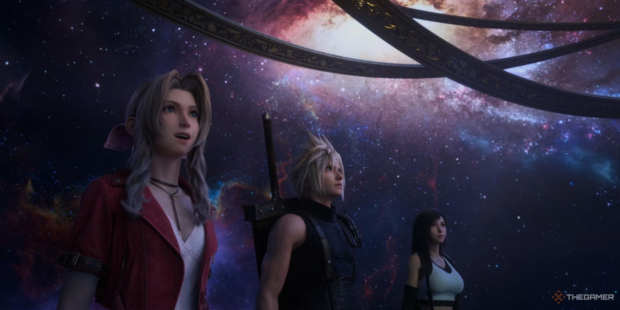 Final Fantasy 7 Rebirth Chapter 10 Cloud, Tifa, and Aerith watch Buganhagen's presentation