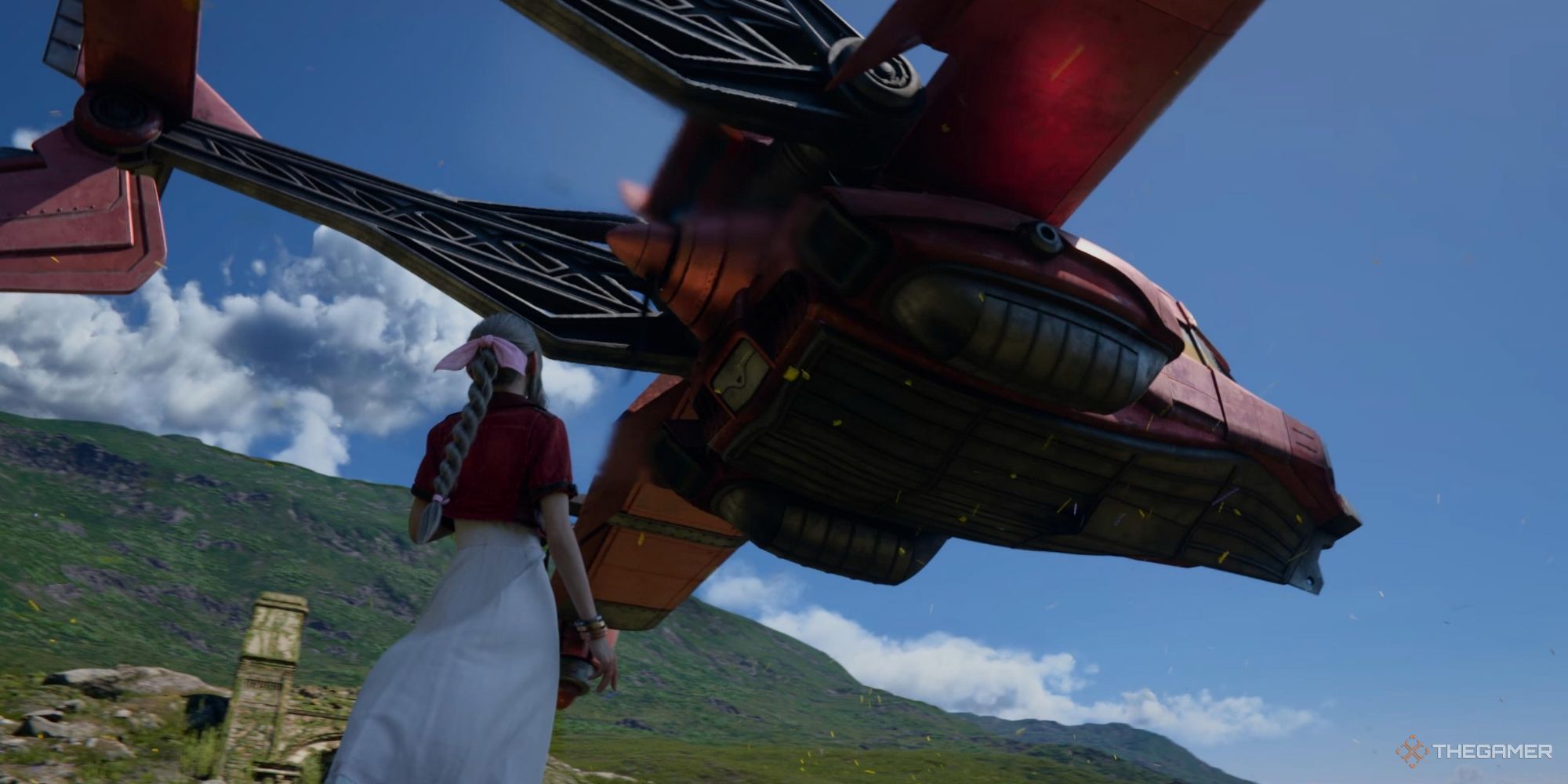 Final Fantasy 7 Rebirth Chapter 14 Aerith looks at the Tiny Bronco as it flies away