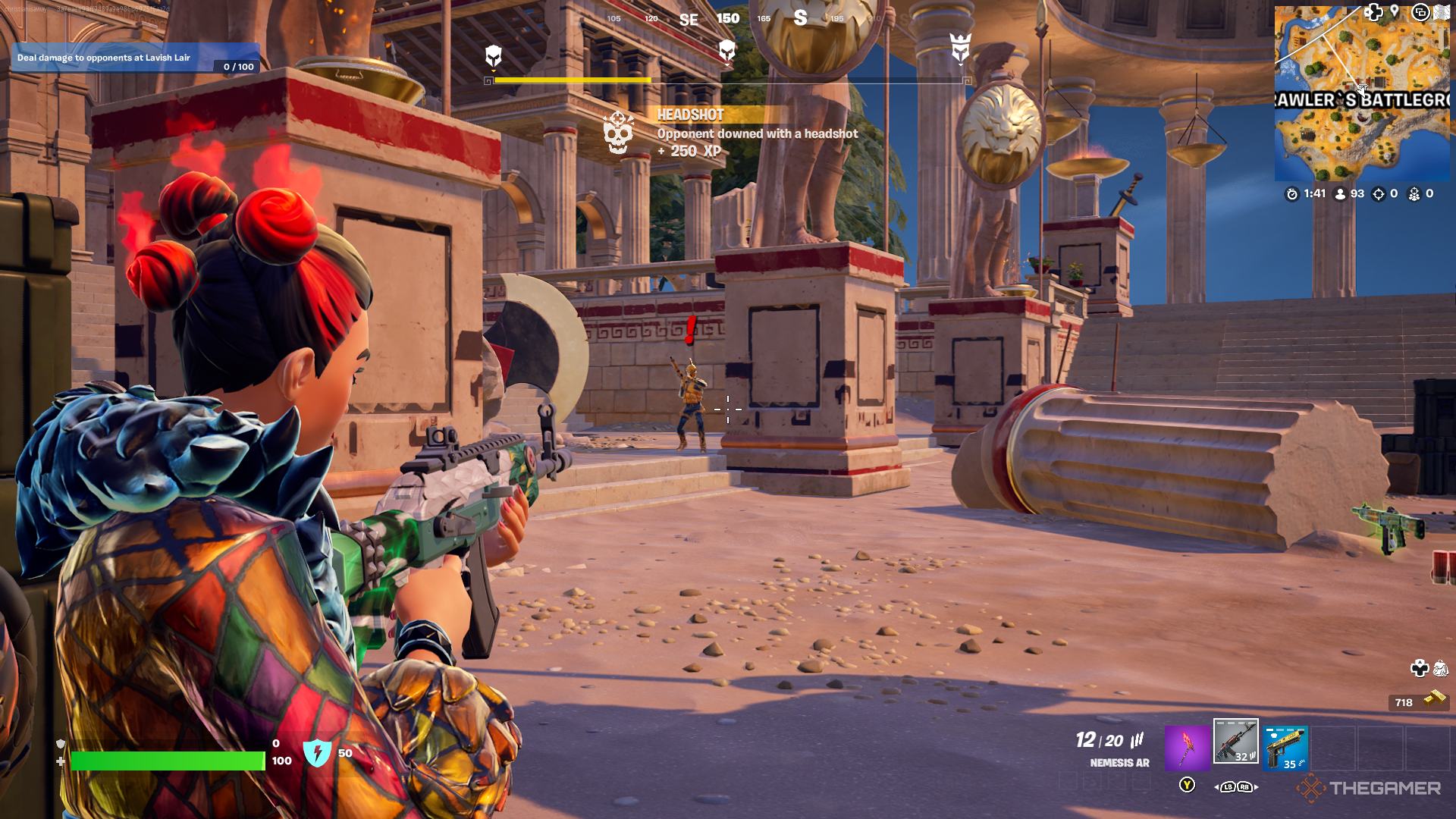 A screenshot from Fortnite showing the player character as Valeria aiming down sights at Brawler's Battleground towards an NPC enemy with a red exclamation point over their head.