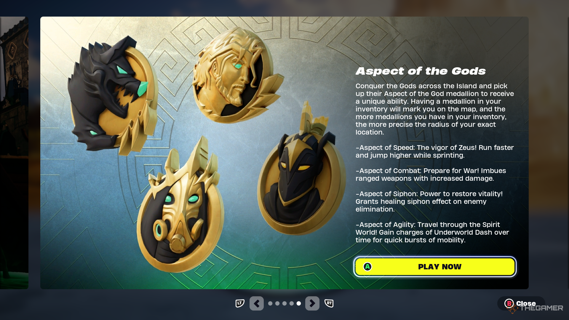 A screenshot from Fortnite Chapter Five, Season Two, showing the description for the Aspect of the Gods featuring the Aspect of Speed, Aspect of Combat, Aspect of Siphon, and the Aspect of Agility. Each medallion features a picture of the god to defeat.