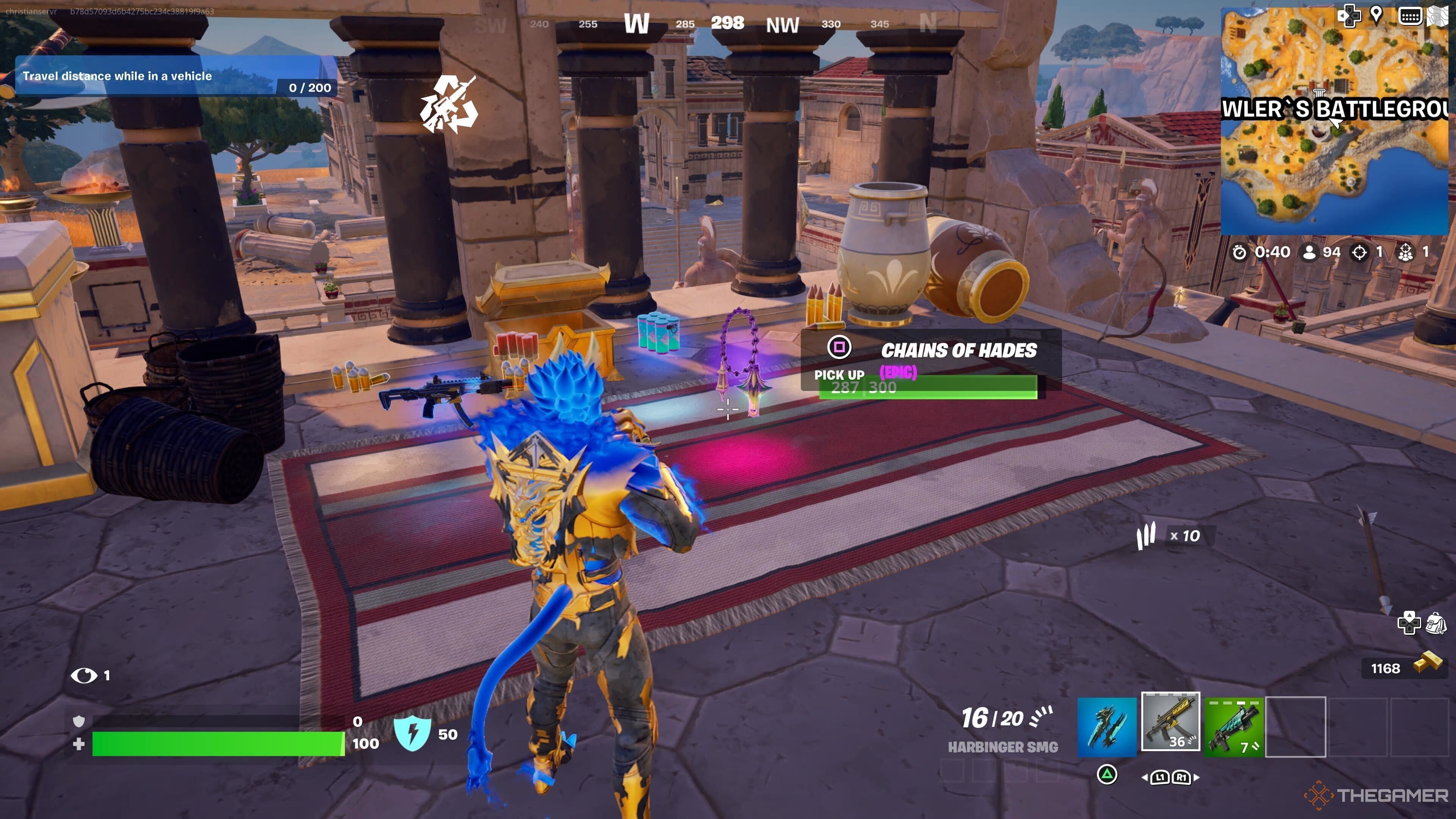 A screenshot from Fortnite Chapter Five, Season Two showing the player character as a golden cerberus standing next to a gold chest with the Chains of Hades weapon outside of it.