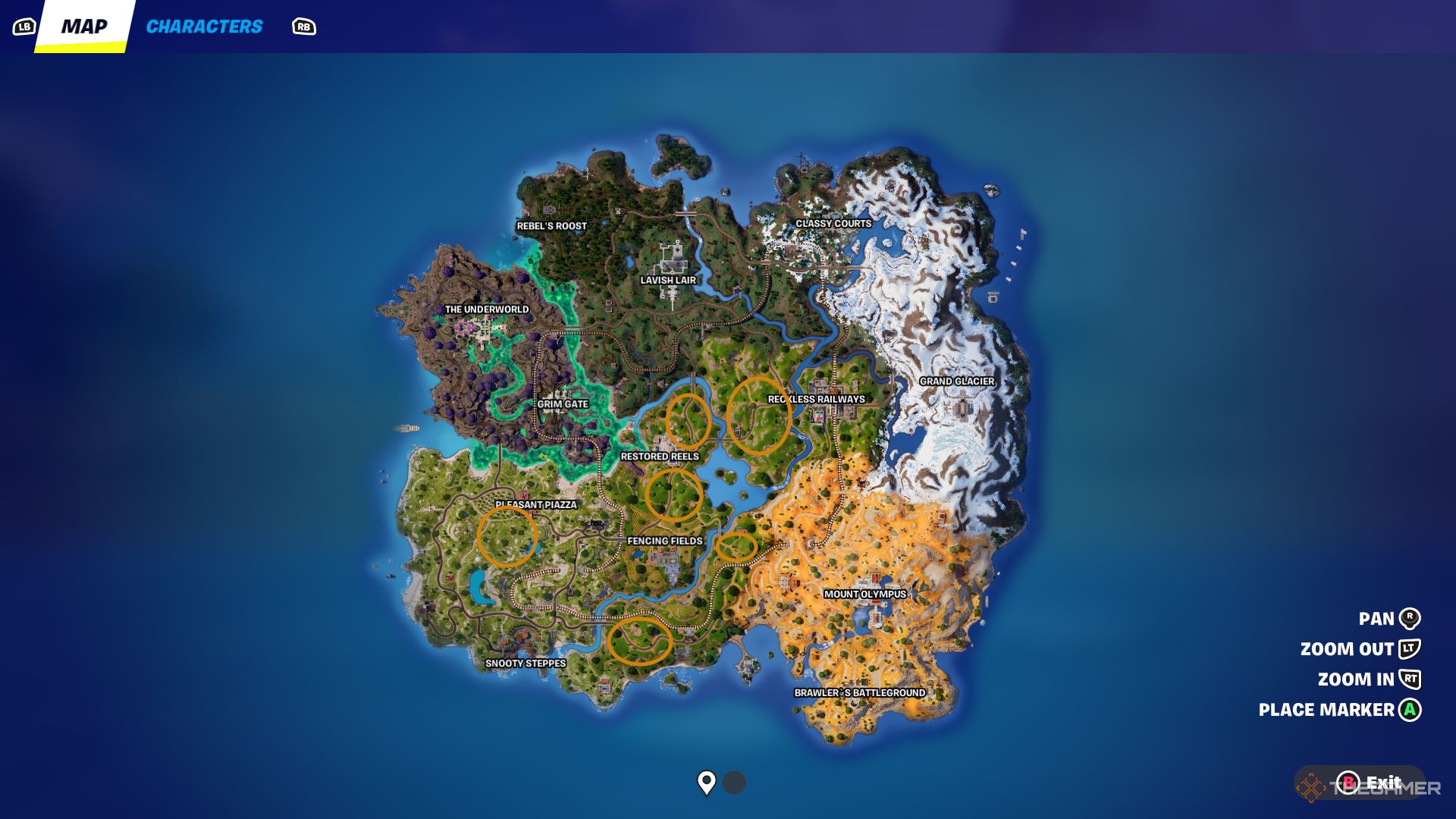A screenshot of Fortnite Chapter Five Season Two's map with large orange circles around the general spawn locations for chickens.