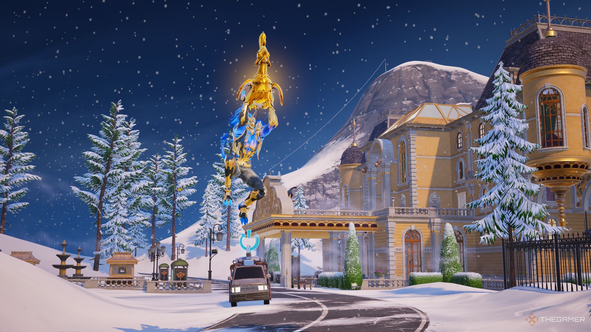 A screenshot from Fortnite Chapter Five Season Two showing the player character as Cerberus jumping off the street outside Grand Glacier with a golden chicken.