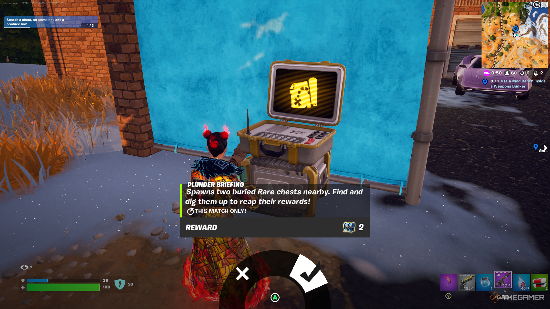 A screenshot from Fortnite showing the player character as Valeria standing next to a Plunder Shadow Briefing with text that reads 'Spawns two buried Rare chests nearby. Find and dig them up to reap their rewards." with a reward of Two Rare chests.