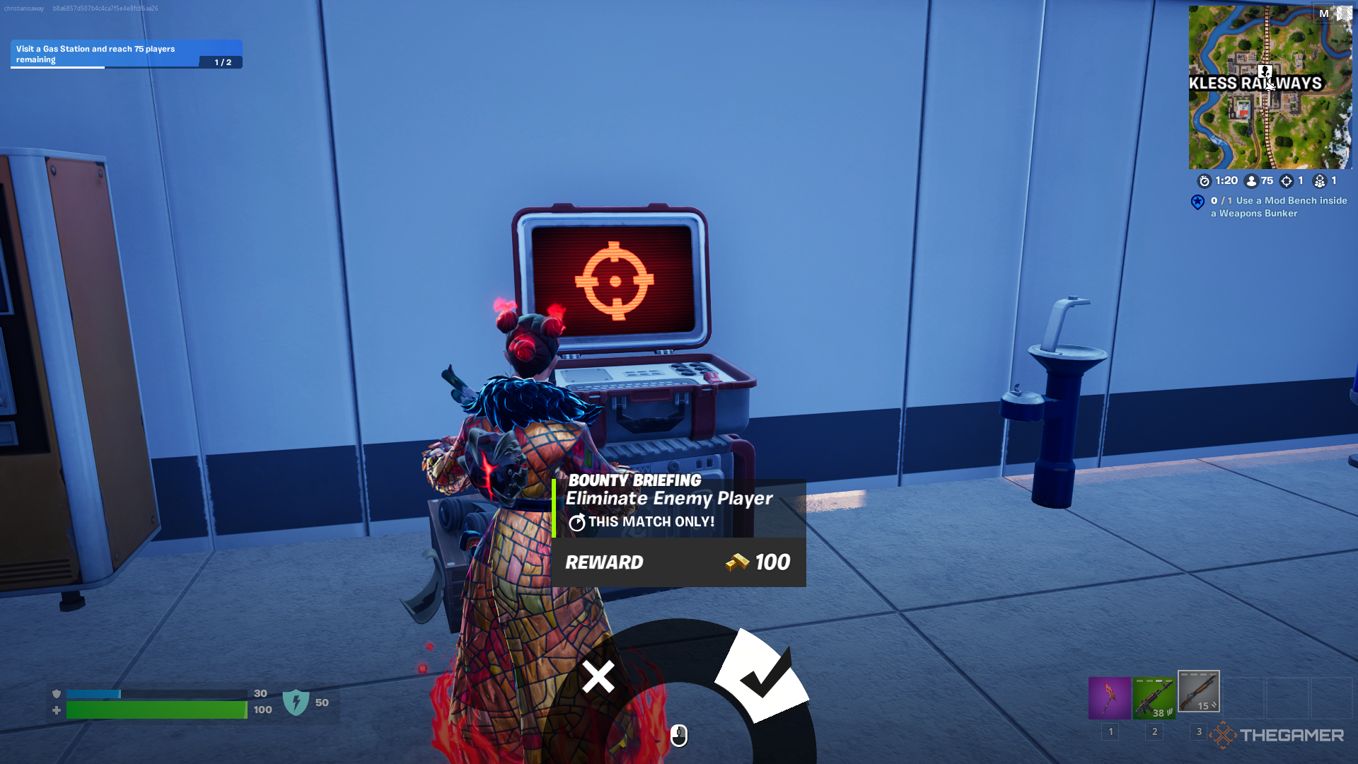 A screenshot from Fortnite showing the Bounty Shadow Briefings with a description that reads 'Eliminate Enemy Player' with a reward of 100 Gold Bars