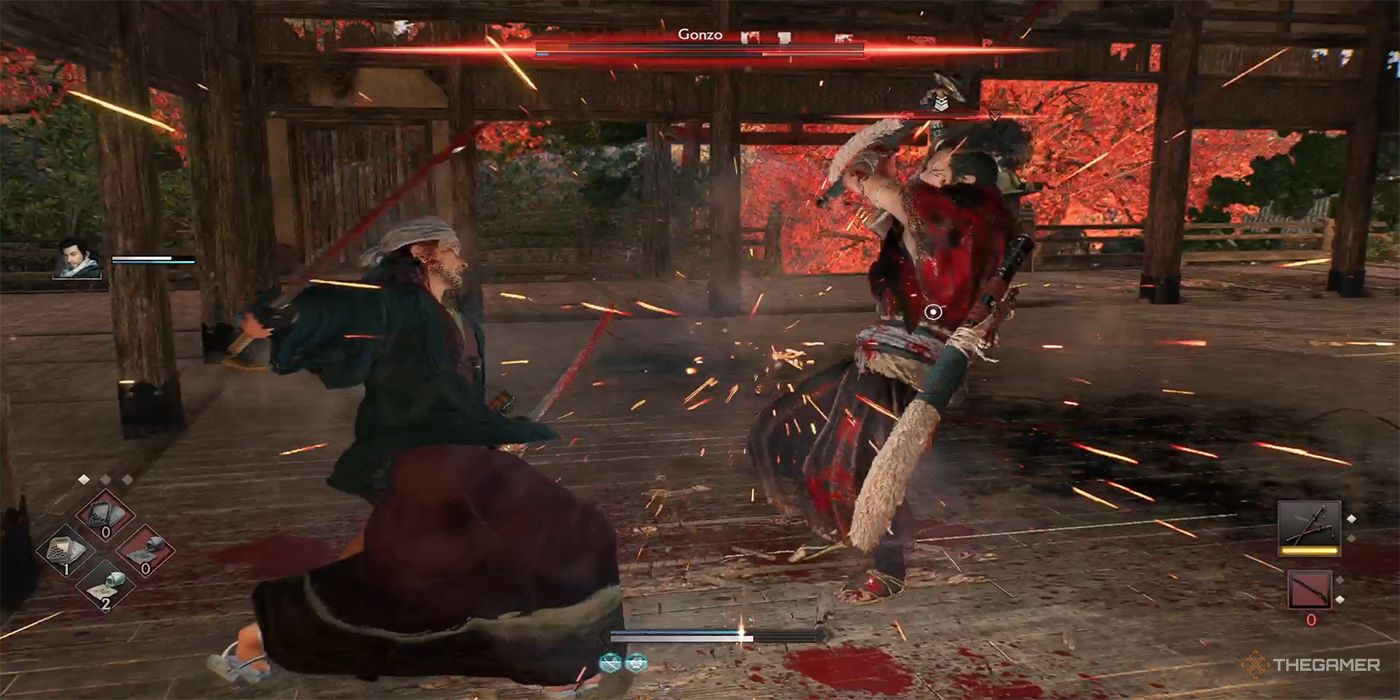 The protagonist countersparks Gonzo's attack during a battle atop a Japanese castle in Rise Of The Ronin.