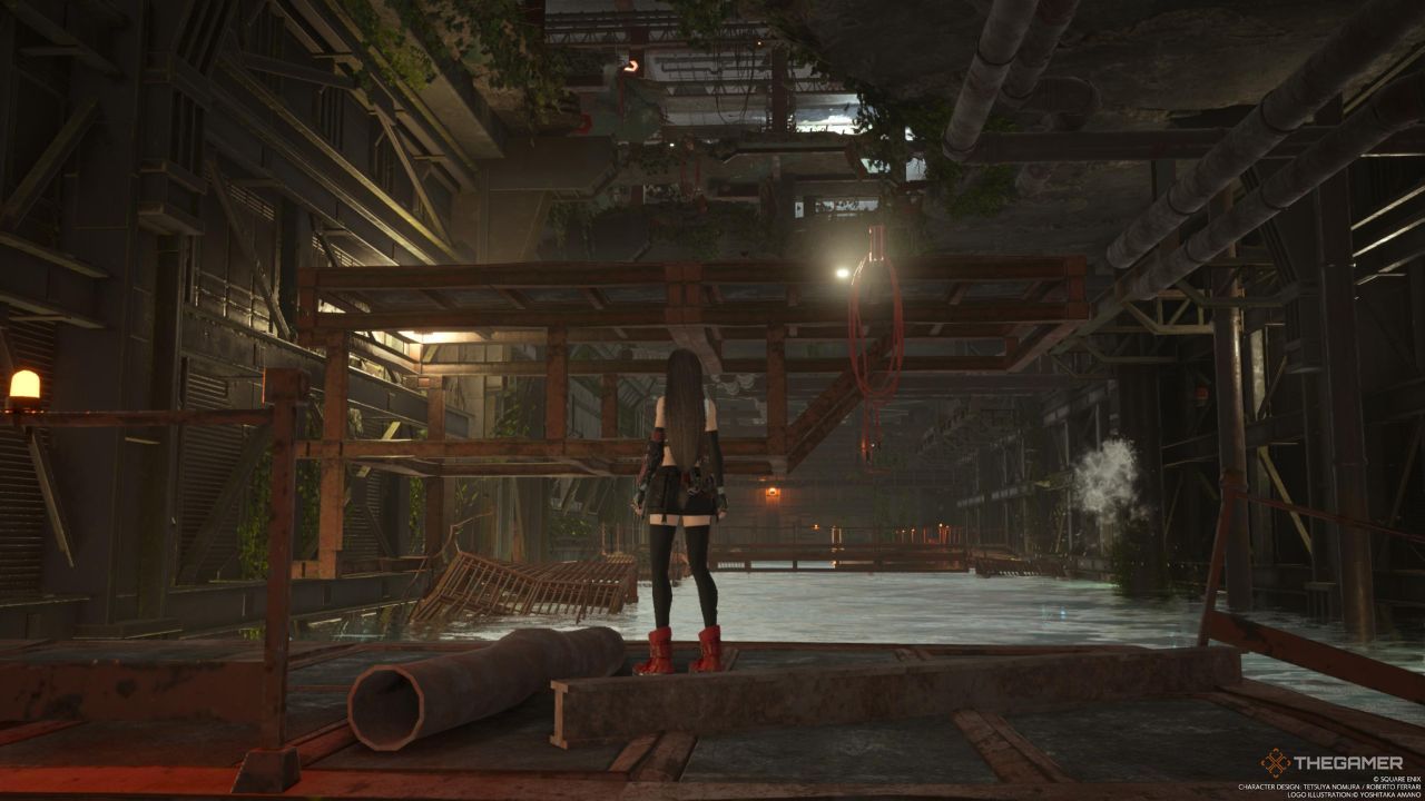 A player standing in front of a location that Tifa can grapple to in Final Fantasy 7 Rebirth.
