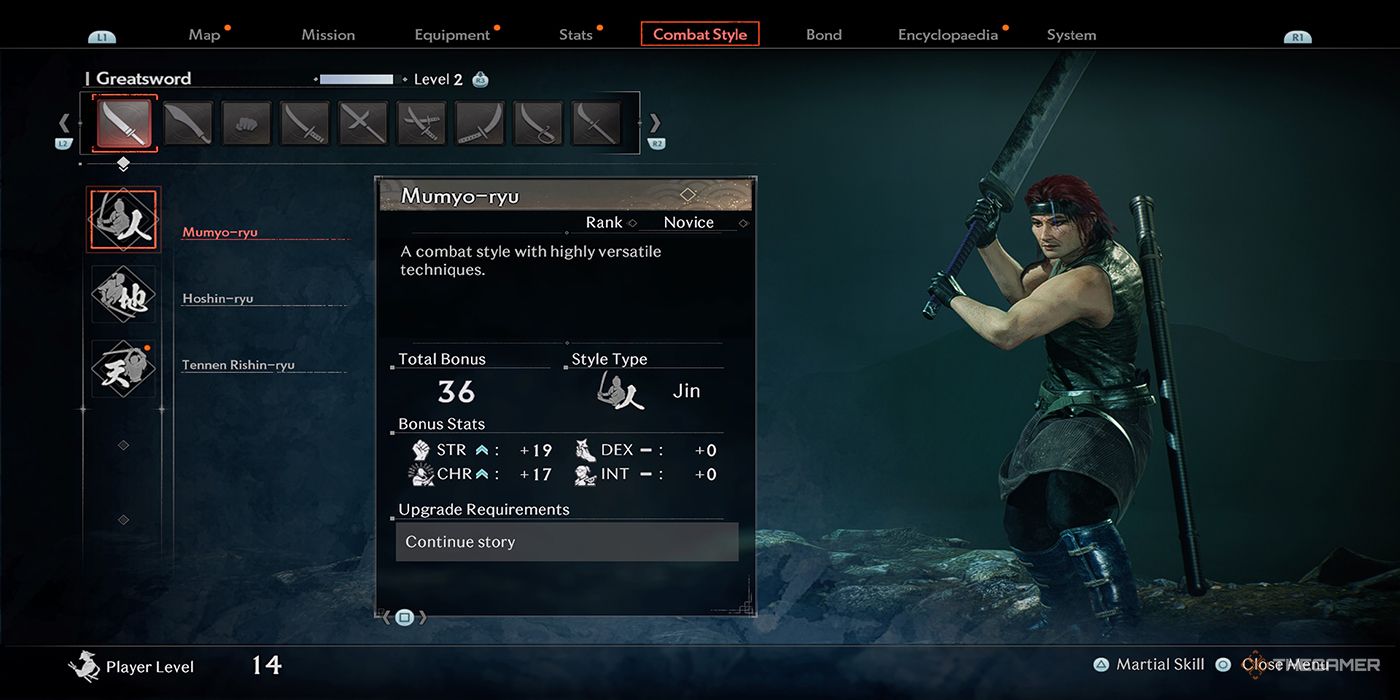 The protagonist wields a Greatsword in Rise Of The Ronin's Combat Style menu.