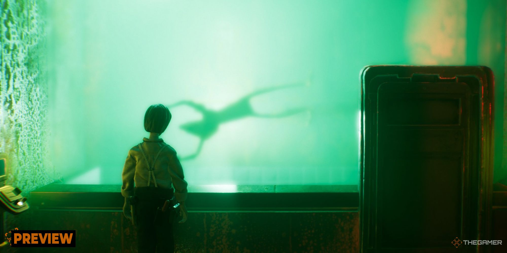 Harold staring into the water filter rank with a strange form within in Harold Halibut. 