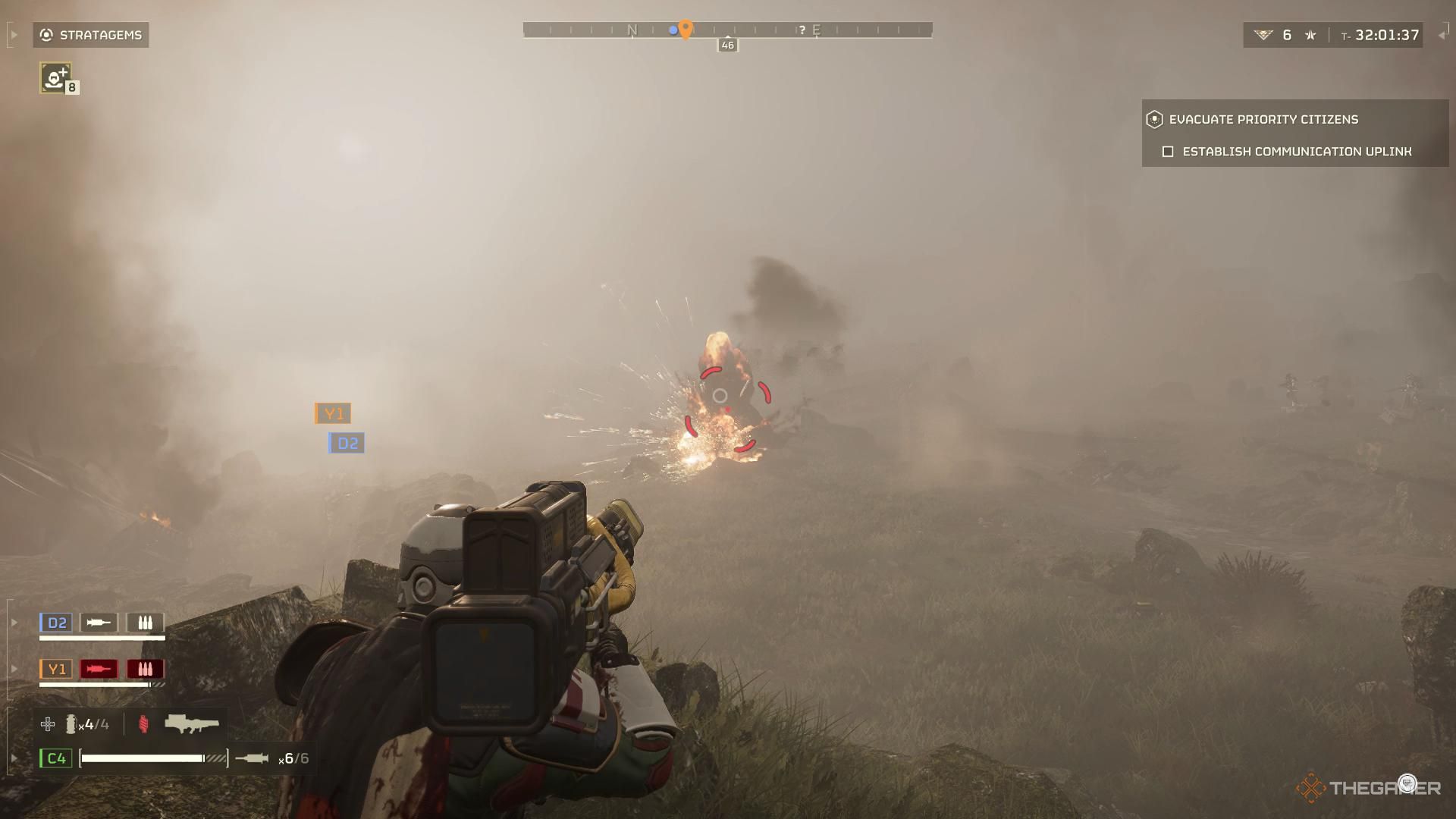 A screenshot from Helldivers 2 showing the player character aiming the Quasar Cannon, with an explosion being seen in the distance at where the player is aiming.