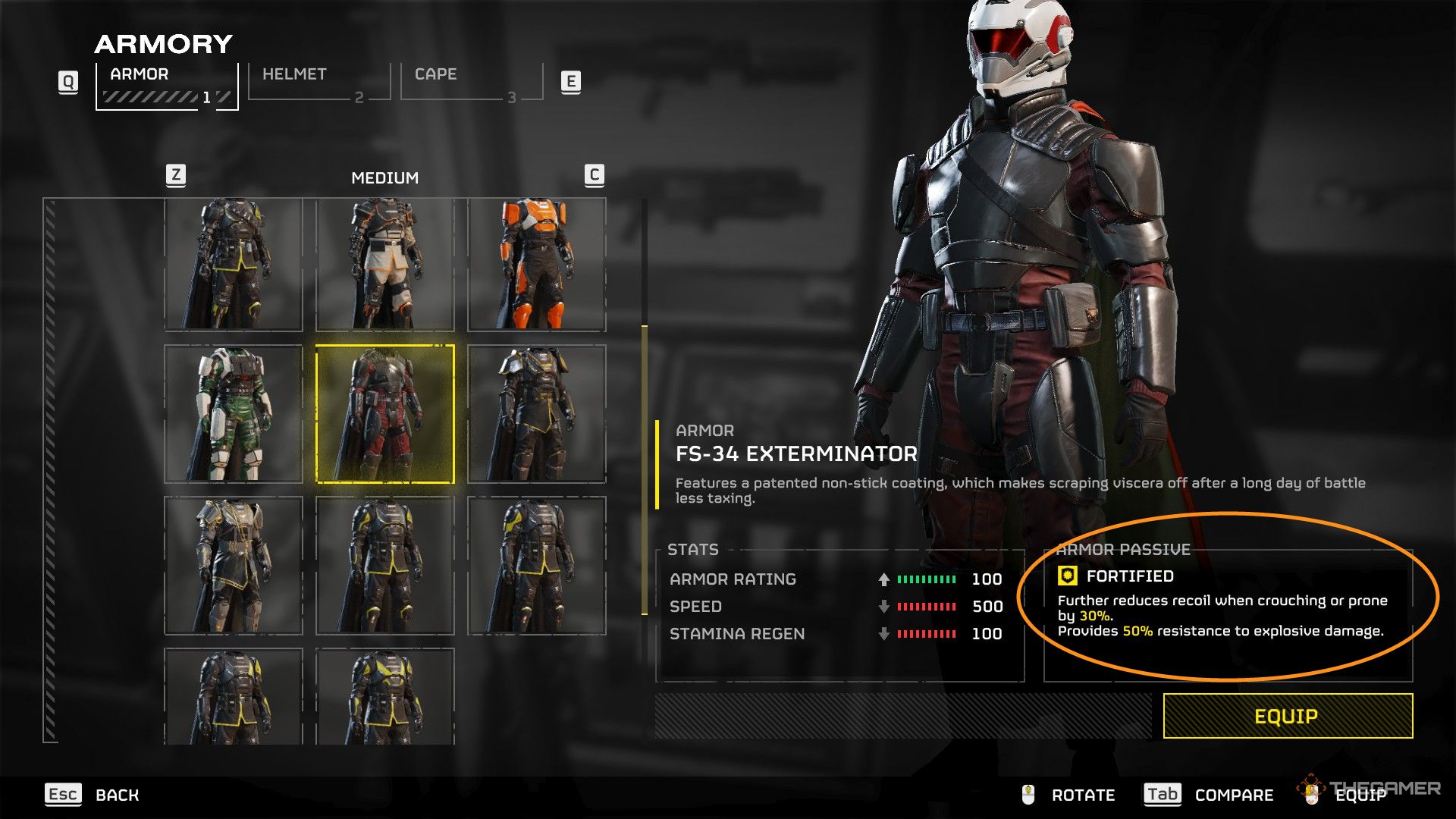 A screenshot from Helldivers 2 showing the Armor menu with the FS-34 Exterminator armor selected. The Armor Passive 'Fortified' is circled in orange, as it reduced recoil by 30 percent and explosion damage resistance by 50 percent.