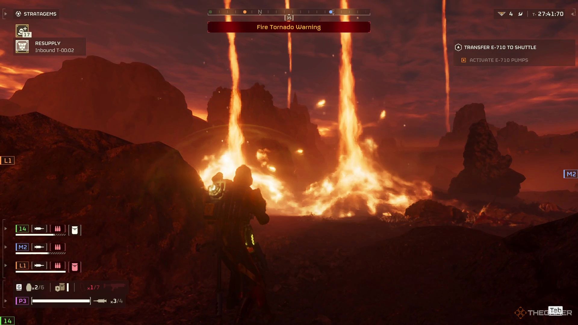 Two fire tornadoes move in front of a Helldiver.