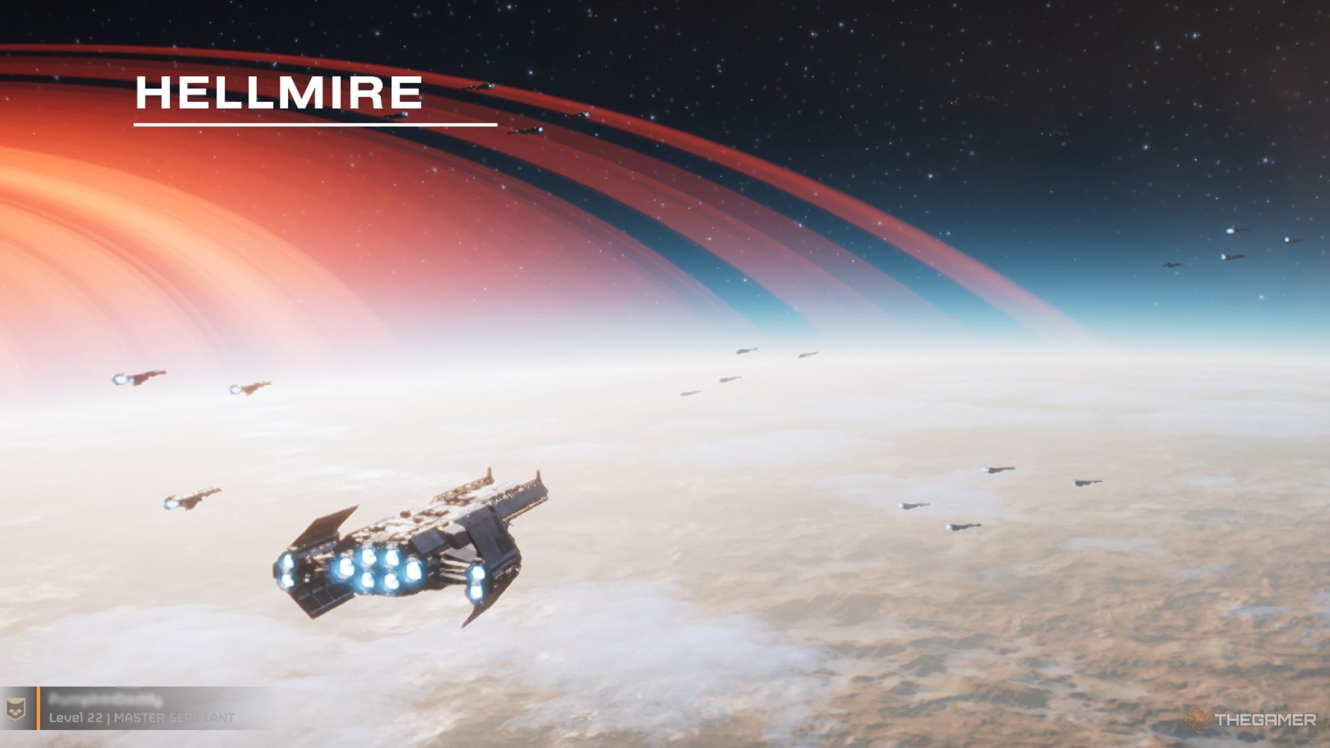 A space ship orbits above the planet Hellmire.