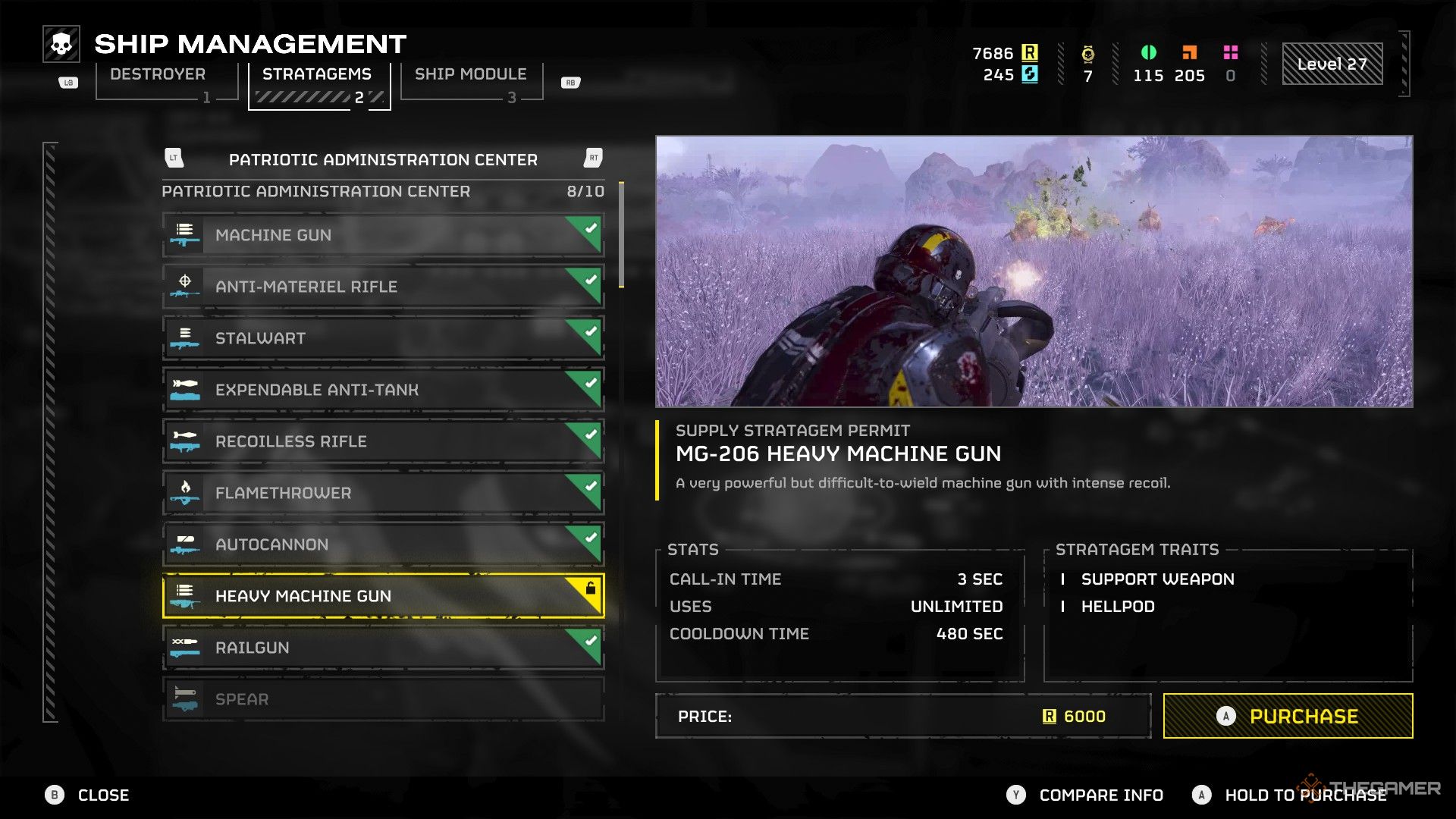 A screenshot from Helldivers 2 showing the Strategem menu under 'Patriotic Administration Center' with the MG-206 Heavy Machine Gun reflected. It's stats are listed as a 3 second call-in time, unlimited uses, and 480 seconds to cooldown after summoning. 