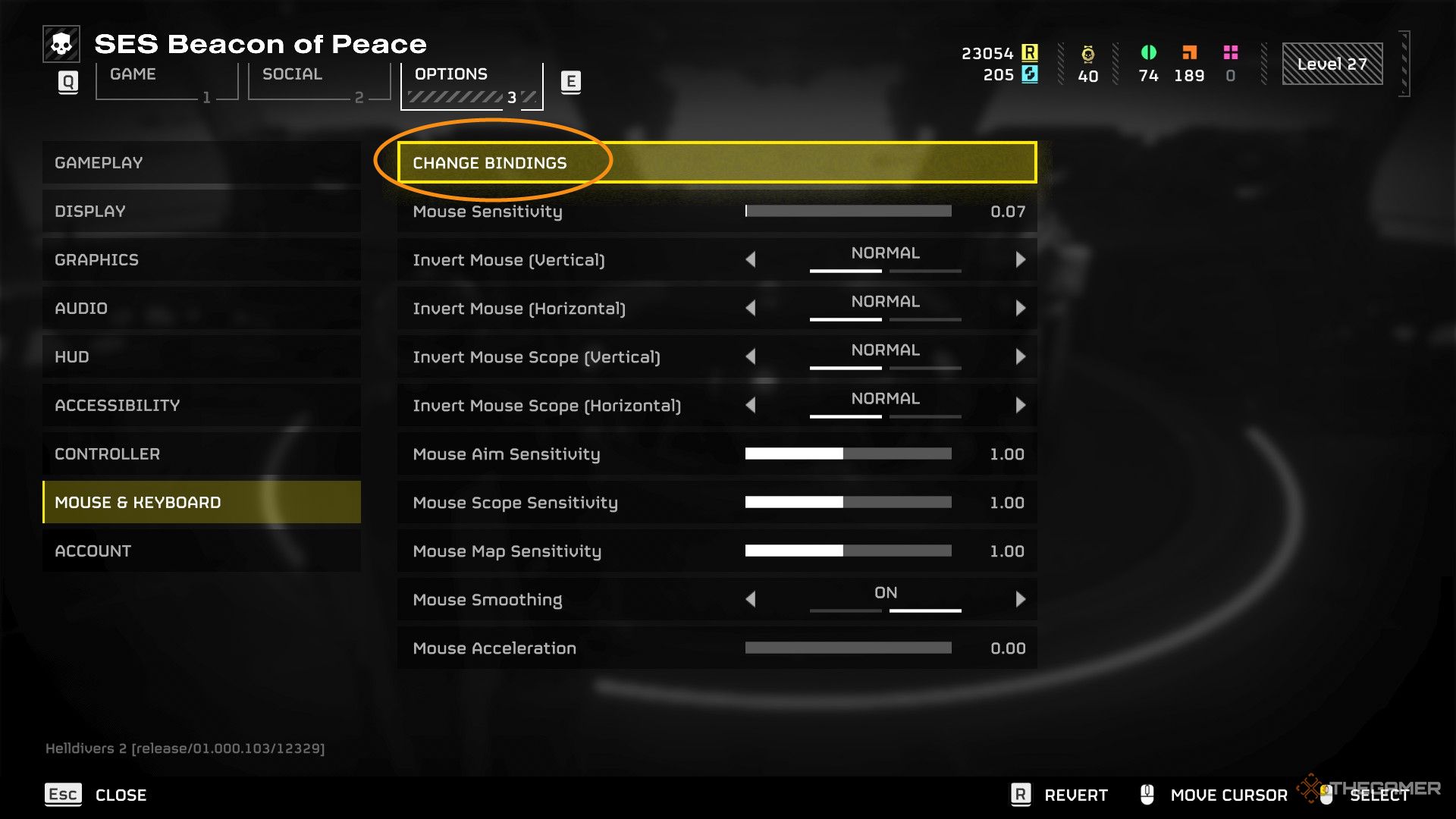 A screenshot from Helldivers 2 showing the pause menu screen with the Mouse & Keyboard section selected on the left sidebar and an orange circle highlighting the 'Change Bindings' at the top of the screen.