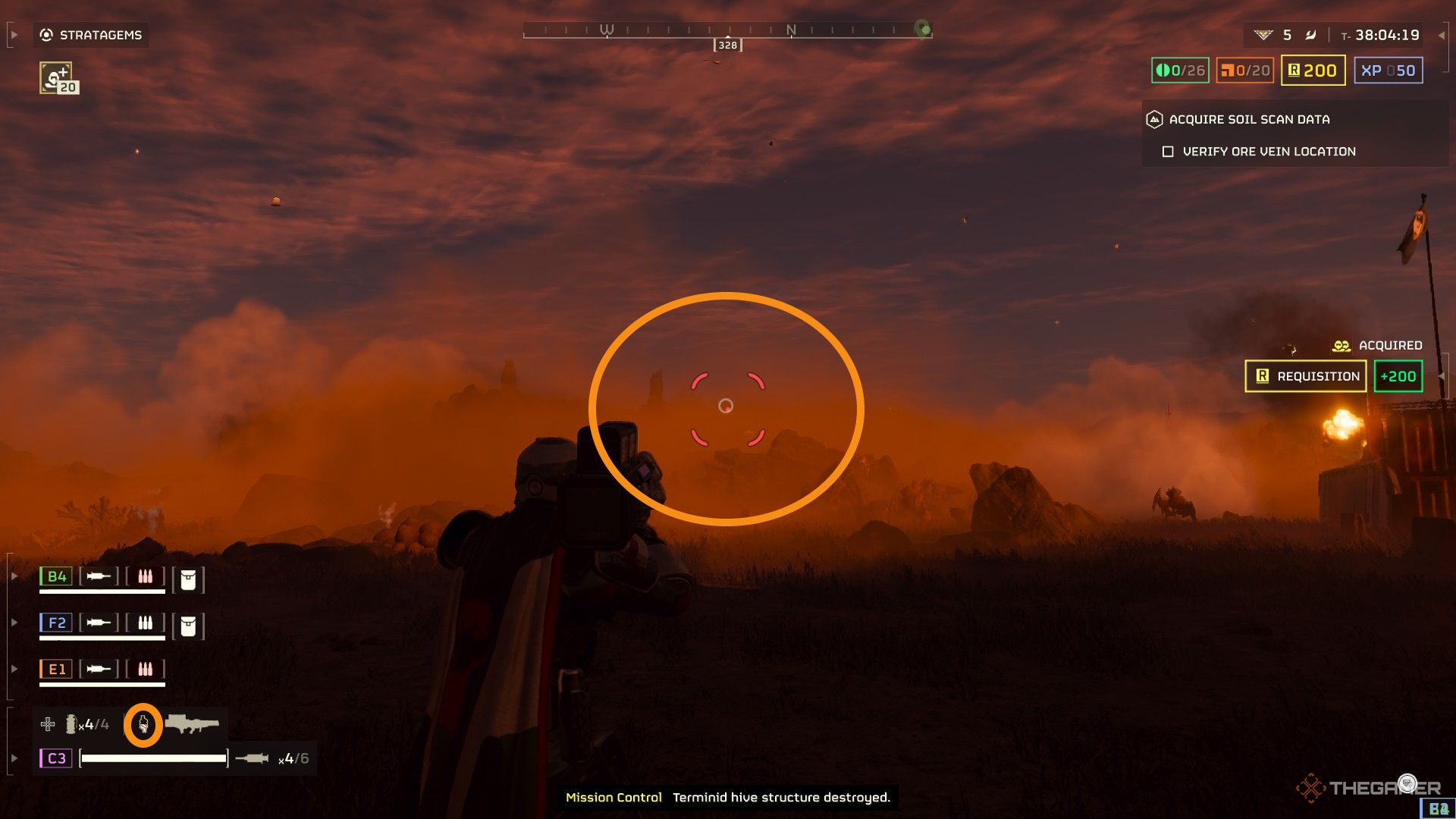 A screenshot from Helldivers 2 showing the player character aiming down the Quasar Cannon with a red reticle as it cools down after being fired. An orange circle highlights the reticle for the weapon and the partially full cooldown icon on the bottom left of the screen.