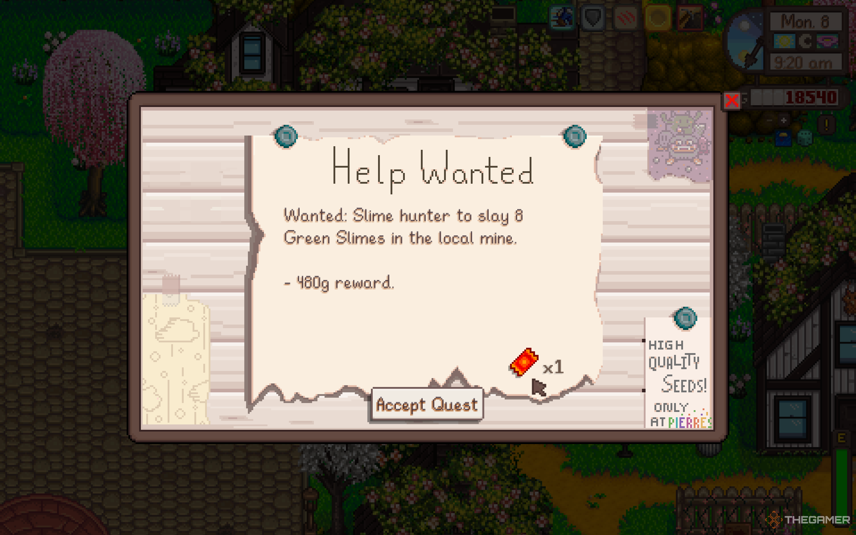 Help Wanted Sign reading Help-Slime hunter to slay 8 Green Slimes in the local mines. 480g reward