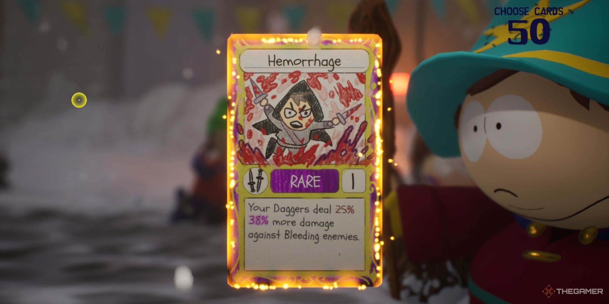 Cartman presenting the player with a leveled-up Rare Hemorrhage Upgrade Card.