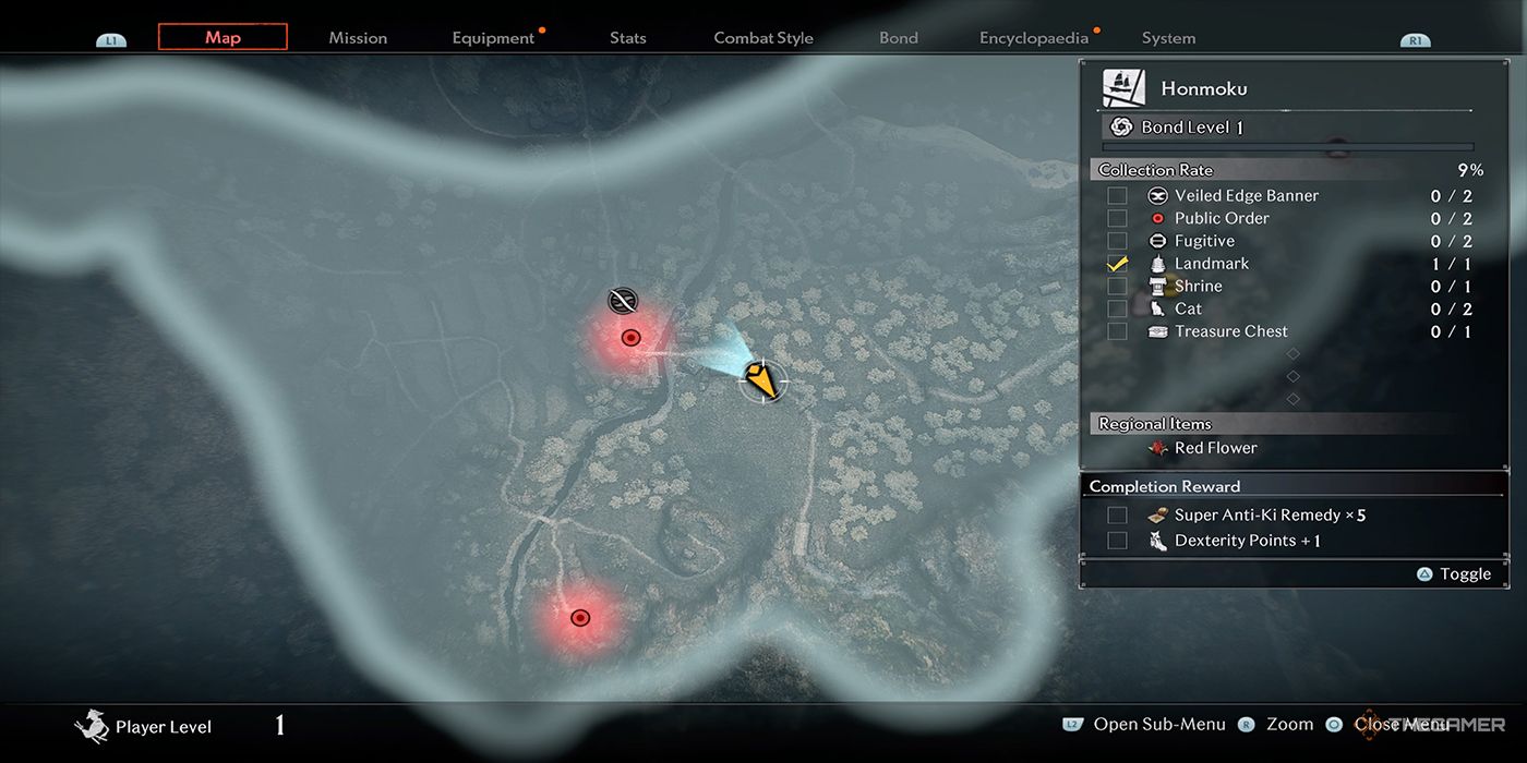 A map of Honmuko displays your bond level with the region, a list of collectibles to find, and important locations of Honmuko in Rise Of The Ronin.