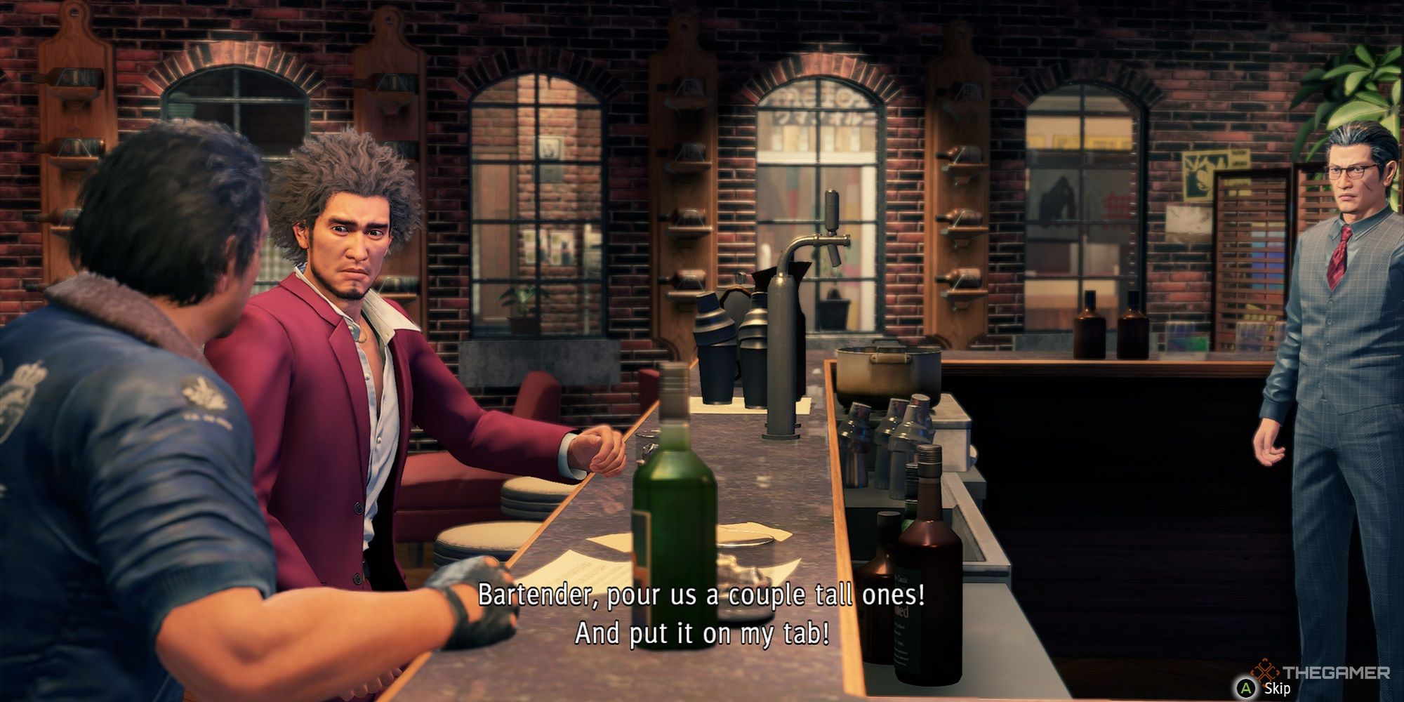 ichiban and adachi having a heart to heart in the bar in yakuza like a dragon