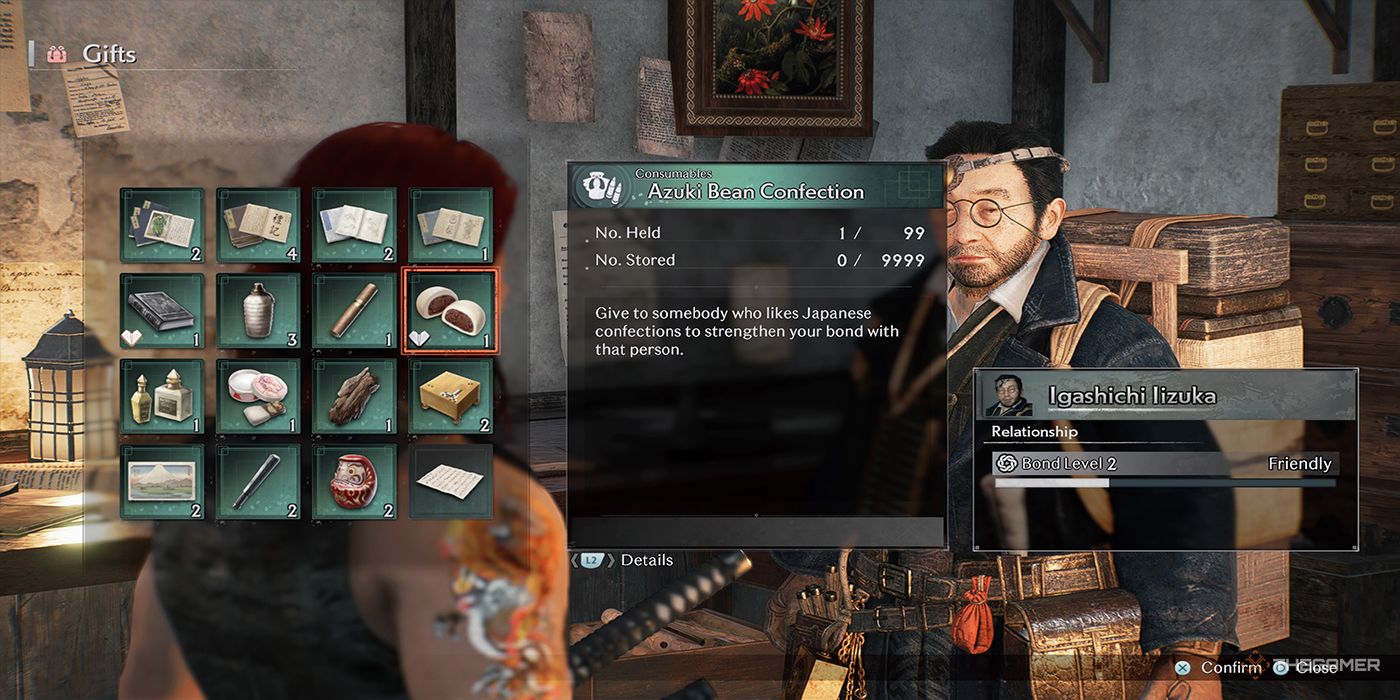 The protagonist gives Igashichi Iizuka an Azuki Bean Confection via Rise Of The Ronin's Gifts menu.