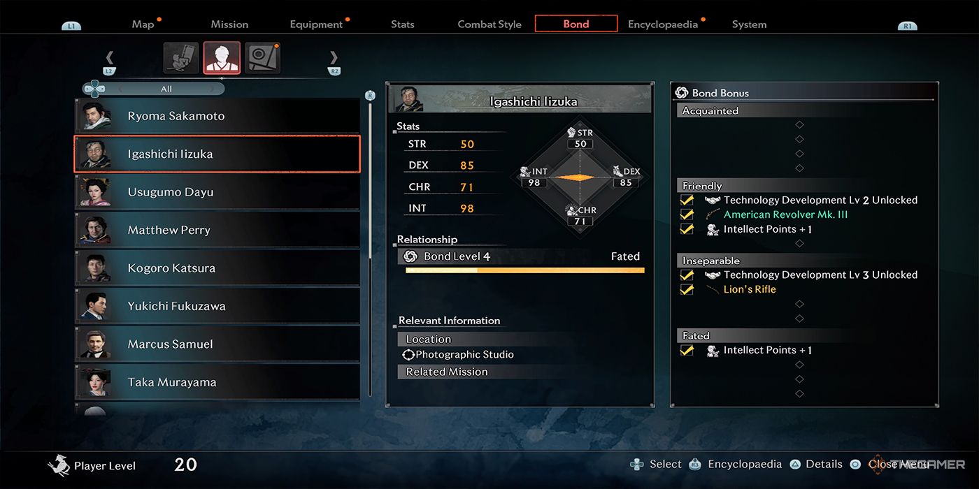 Igashichi Iizuka's Bond page displays his stats, Bond Level, location, and Bond Bonuses in Rise Of The Ronin.