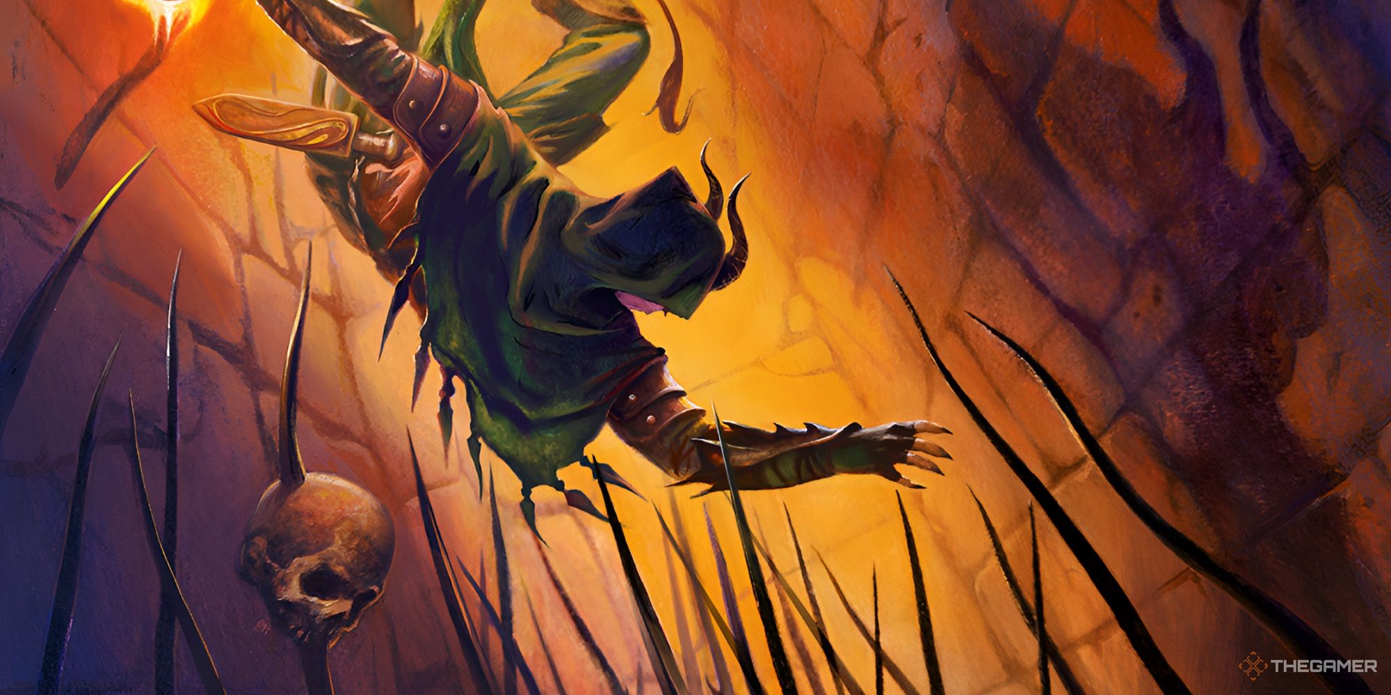 A tiefling adventurer falling into a trap filled with spikes.