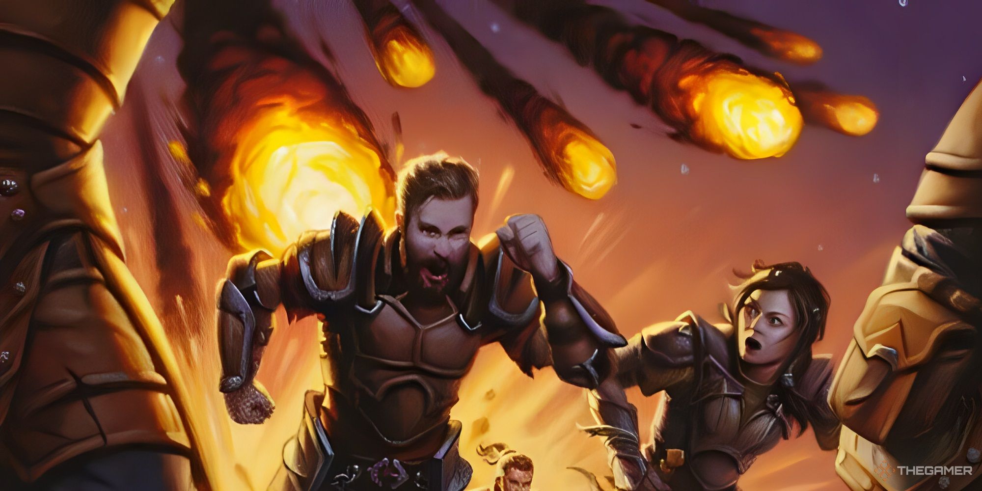 A group of soldiers running from falling meteors.