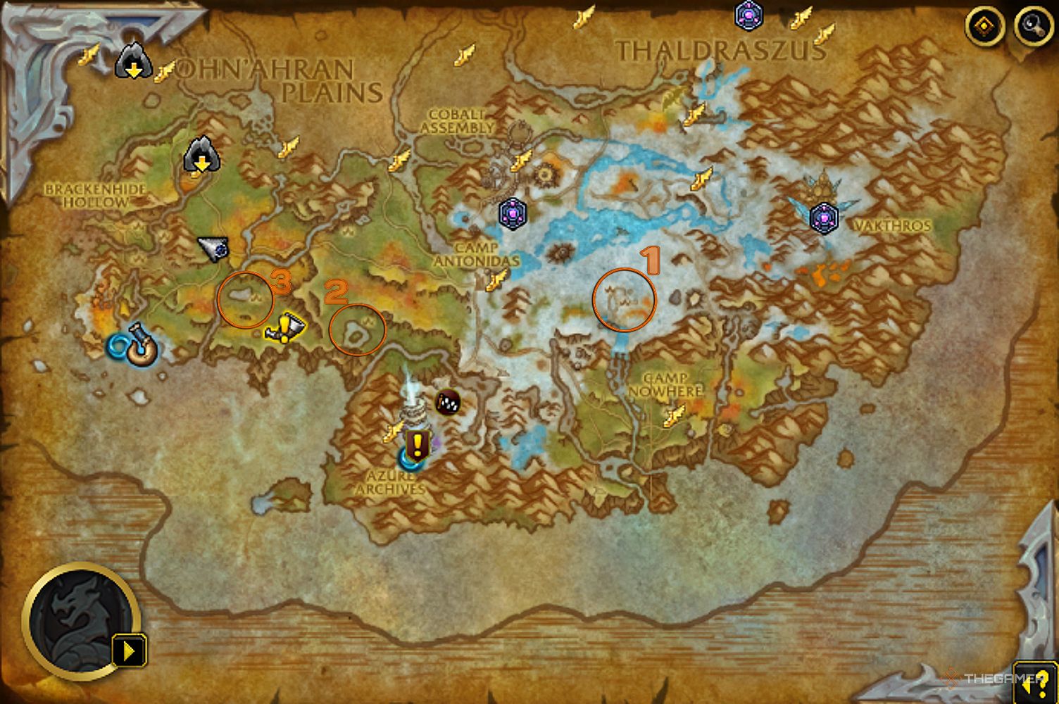 The Azure Span map with three locations circled and numbered, corresponding with the Gnolls in the table below.