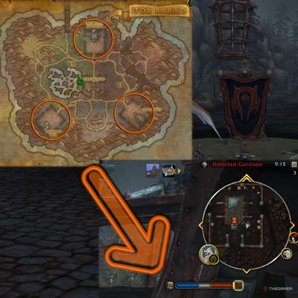 The keeps of Tol Barad circled, with the "winning" bar to the bottom right in World of Warcraft.