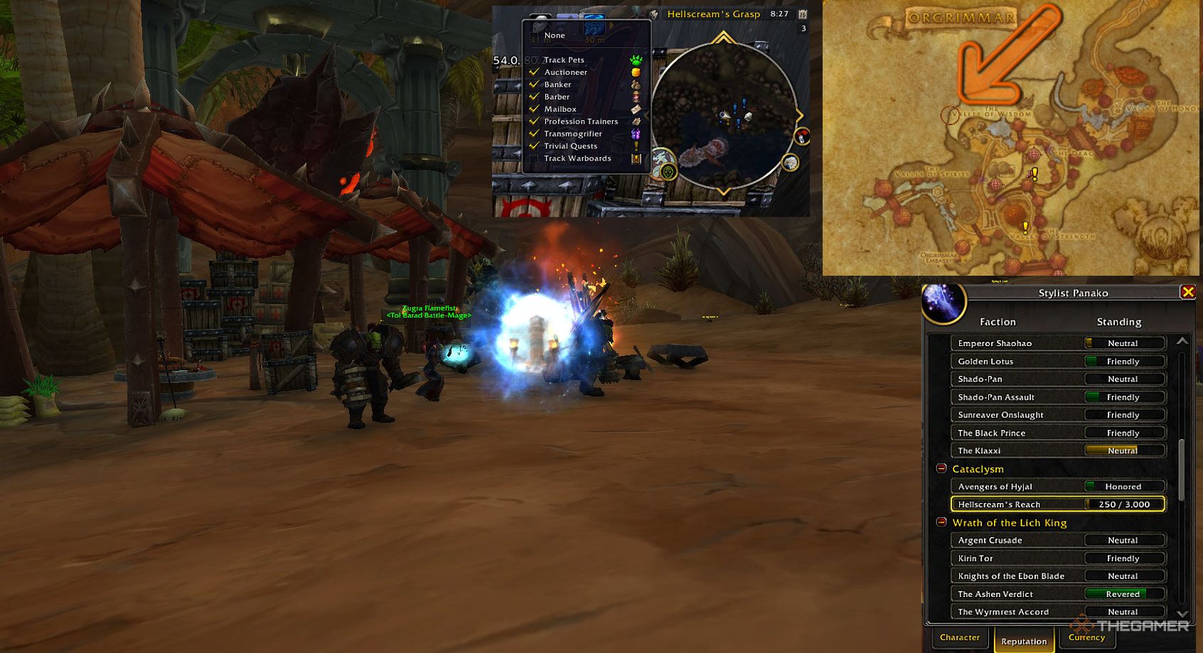 The Tol Barad Portal in-person with its location circled on the map; as well as trivial quests and rep tracking in World of Warcraft.