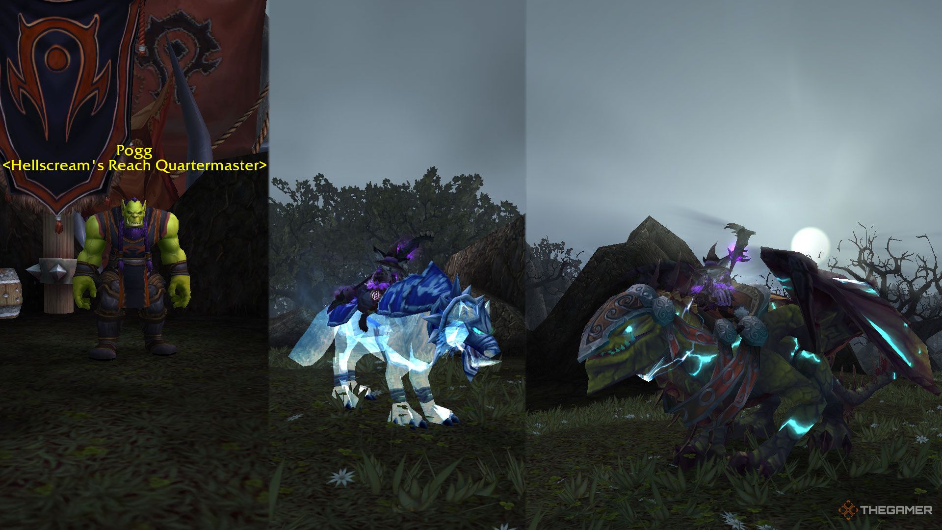 The Hellscream's Reach Quartermaster (far left), and its two mounted rewards (right and far right) in World of Warcraft.