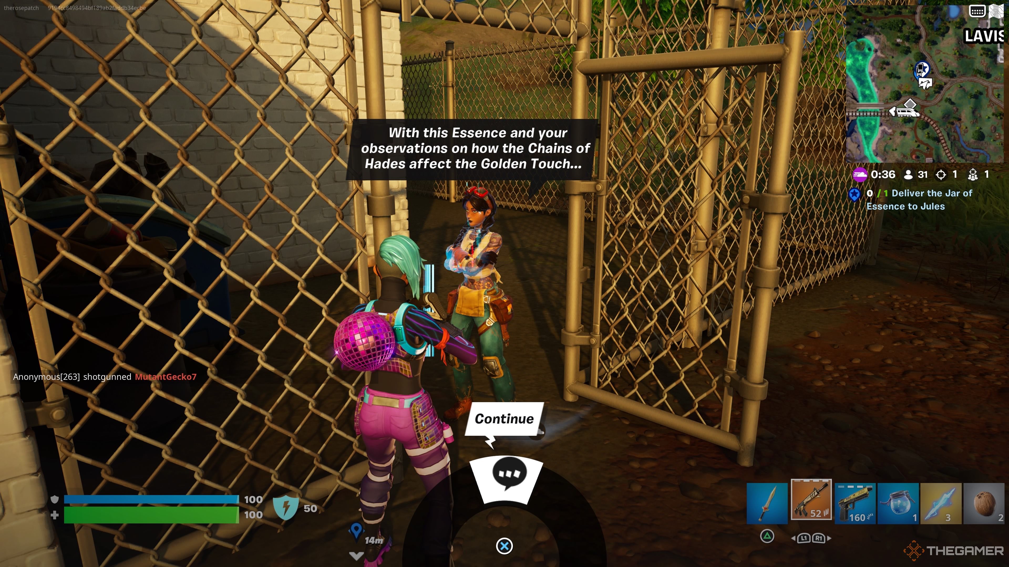Giving the Jar of Essence to Jules to use to make something for her father Midas in Fortnite Chapter 5 Season 2.